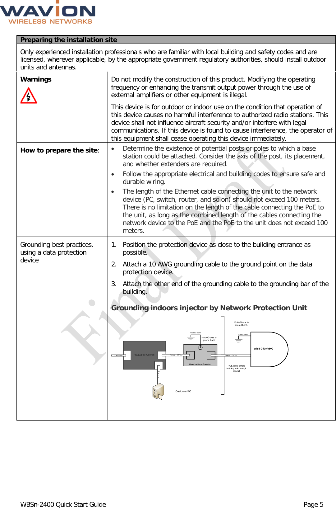  WBSn-2400 Quick Start Guide Page 5 Preparing the installation site Only experienced installation professionals who are familiar with local building and safety codes and are licensed, wherever applicable, by the appropriate government regulatory authorities, should install outdoor units and antennas. Warnings  Do not modify the construction of this product. Modifying the operating frequency or enhancing the transmit output power through the use of external amplifiers or other equipment is illegal. This device is for outdoor or indoor use on the condition that operation of this device causes no harmful interference to authorized radio stations. This device shall not influence aircraft security and/or interfere with legal communications. If this device is found to cause interference, the operator of this equipment shall cease operating this device immediately. How to prepare the site:  • Determine the existence of potential posts or poles to which a base station could be attached. Consider the axis of the post, its placement, and whether extenders are required.  • Follow the appropriate electrical and building codes to ensure safe and durable wiring. • The length of the Ethernet cable connecting the unit to the network device (PC, switch, router, and so on) should not exceed 100 meters. There is no limitation on the length of the cable connecting the PoE to the unit, as long as the combined length of the cables connecting the network device to the PoE and the PoE to the unit does not exceed 100 meters.  Grounding best practices, using a data protection device 1. Position the protection device as close to the building entrance as possible. 2. Attach a 10 AWG grounding cable to the ground point on the data protection device. 3. Attach the other end of the grounding cable to the grounding bar of the building. Grounding indoors injector by Network Protection Unit   