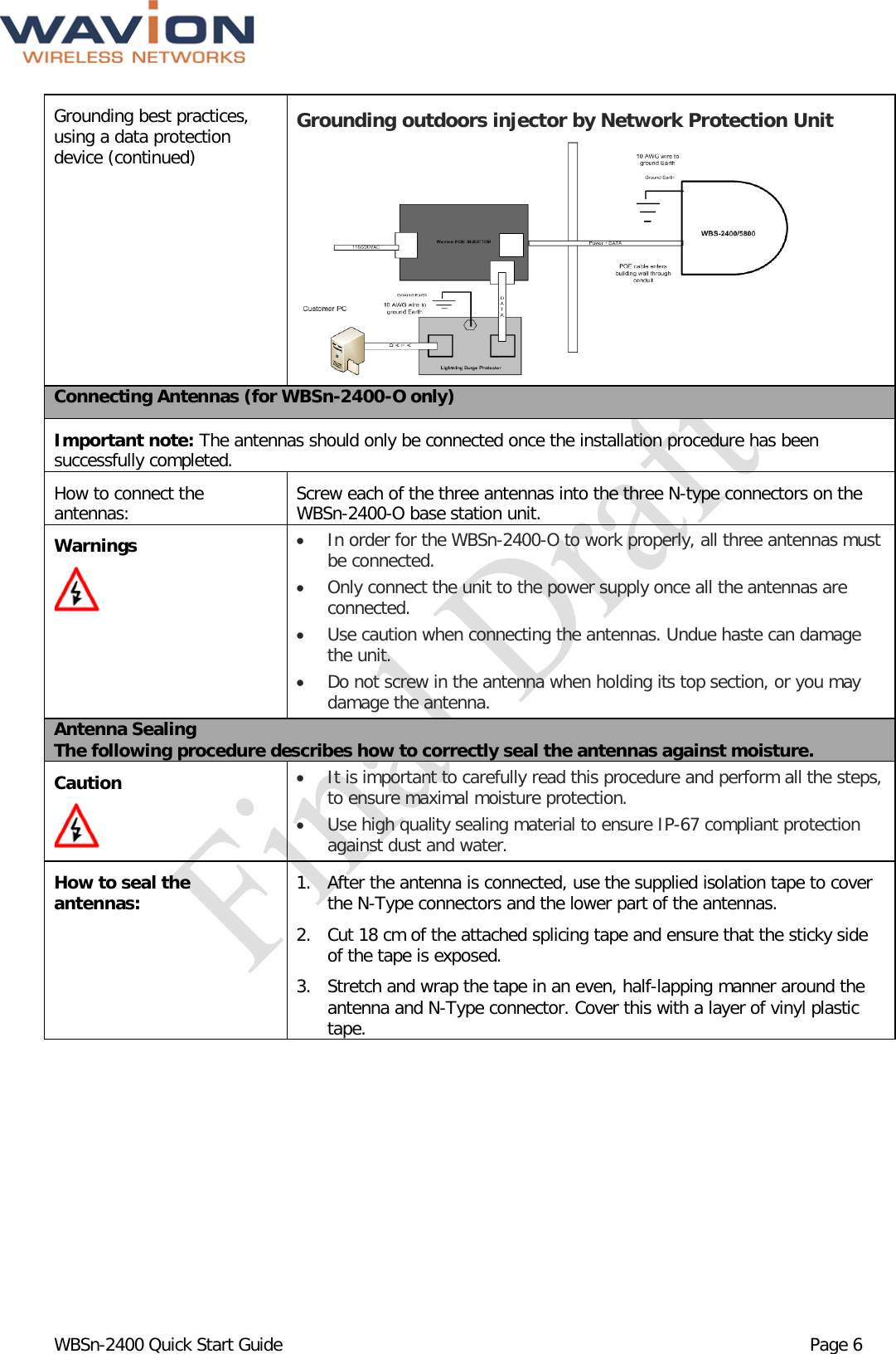  WBSn-2400 Quick Start Guide Page 6 Grounding best practices, using a data protection device (continued) Grounding outdoors injector by Network Protection Unit  Connecting Antennas (for WBSn-2400-O only) Important note: The antennas should only be connected once the installation procedure has been successfully completed. How to connect the antennas: Screw each of the three antennas into the three N-type connectors on the WBSn-2400-O base station unit. Warnings  • In order for the WBSn-2400-O to work properly, all three antennas must be connected. • Only connect the unit to the power supply once all the antennas are connected. • Use caution when connecting the antennas. Undue haste can damage the unit. • Do not screw in the antenna when holding its top section, or you may damage the antenna. Antenna Sealing The following procedure describes how to correctly seal the antennas against moisture. Caution  • It is important to carefully read this procedure and perform all the steps, to ensure maximal moisture protection.  • Use high quality sealing material to ensure IP-67 compliant protection against dust and water. How to seal the antennas: 1. After the antenna is connected, use the supplied isolation tape to cover the N-Type connectors and the lower part of the antennas. 2. Cut 18 cm of the attached splicing tape and ensure that the sticky side of the tape is exposed. 3. Stretch and wrap the tape in an even, half-lapping manner around the antenna and N-Type connector. Cover this with a layer of vinyl plastic tape. 