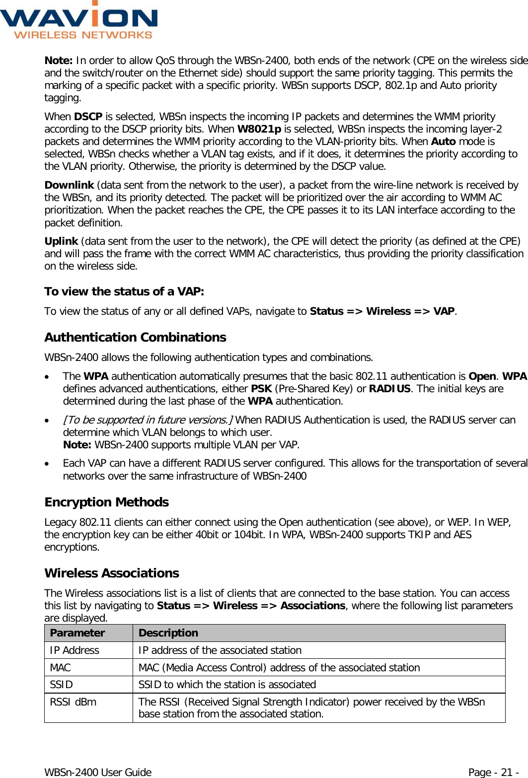  WBSn-2400 User Guide Page - 21 - Note: In order to allow QoS through the WBSn-2400, both ends of the network (CPE on the wireless side and the switch/router on the Ethernet side) should support the same priority tagging. This permits the marking of a specific packet with a specific priority. WBSn supports DSCP, 802.1p and Auto priority tagging. When DSCP is selected, WBSn inspects the incoming IP packets and determines the WMM priority according to the DSCP priority bits. When W8021p is selected, WBSn inspects the incoming layer-2 packets and determines the WMM priority according to the VLAN-priority bits. When Auto mode is selected, WBSn checks whether a VLAN tag exists, and if it does, it determines the priority according to the VLAN priority. Otherwise, the priority is determined by the DSCP value. Downlink (data sent from the network to the user), a packet from the wire-line network is received by the WBSn, and its priority detected. The packet will be prioritized over the air according to WMM AC prioritization. When the packet reaches the CPE, the CPE passes it to its LAN interface according to the packet definition. Uplink (data sent from the user to the network), the CPE will detect the priority (as defined at the CPE) and will pass the frame with the correct WMM AC characteristics, thus providing the priority classification on the wireless side.  To view the status of a VAP: To view the status of any or all defined VAPs, navigate to Status =&gt; Wireless =&gt; VAP. Authentication Combinations WBSn-2400 allows the following authentication types and combinations. • The WPA authentication automatically presumes that the basic 802.11 authentication is Open. WPA defines advanced authentications, either PSK (Pre-Shared Key) or RADIUS. The initial keys are determined during the last phase of the WPA authentication. • [To be supported in future versions.] When RADIUS Authentication is used, the RADIUS server can determine which VLAN belongs to which user.  Note: WBSn-2400 supports multiple VLAN per VAP.  • Each VAP can have a different RADIUS server configured. This allows for the transportation of several networks over the same infrastructure of WBSn-2400 Encryption Methods Legacy 802.11 clients can either connect using the Open authentication (see above), or WEP. In WEP, the encryption key can be either 40bit or 104bit. In WPA, WBSn-2400 supports TKIP and AES encryptions.  Wireless Associations   The Wireless associations list is a list of clients that are connected to the base station. You can access this list by navigating to Status =&gt; Wireless =&gt; Associations, where the following list parameters are displayed. Parameter Description IP Address IP address of the associated station MAC MAC (Media Access Control) address of the associated station SSID SSID to which the station is associated RSSI dBm The RSSI (Received Signal Strength Indicator) power received by the WBSn base station from the associated station. 