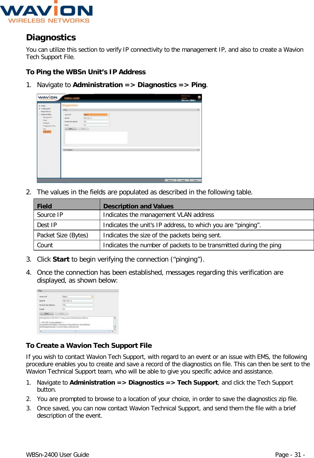  WBSn-2400 User Guide Page - 31 - Diagnostics You can utilize this section to verify IP connectivity to the management IP, and also to create a Wavion Tech Support File.  To Ping the WBSn Unit’s IP Address 1. Navigate to Administration =&gt; Diagnostics =&gt; Ping.  2. The values in the fields are populated as described in the following table. Field Description and Values Source IP Indicates the management VLAN address Dest IP Indicates the unit’s IP address, to which you are “pinging”. Packet Size (Bytes) Indicates the size of the packets being sent. Count Indicates the number of packets to be transmitted during the ping  3. Click Start to begin verifying the connection (“pinging”). 4. Once the connection has been established, messages regarding this verification are displayed, as shown below:  To Create a Wavion Tech Support File If you wish to contact Wavion Tech Support, with regard to an event or an issue with EMS, the following procedure enables you to create and save a record of the diagnostics on file. This can then be sent to the Wavion Technical Support team, who will be able to give you specific advice and assistance.  1. Navigate to Administration =&gt; Diagnostics =&gt; Tech Support, and click the Tech Support button. 2. You are prompted to browse to a location of your choice, in order to save the diagnostics zip file. 3. Once saved, you can now contact Wavion Technical Support, and send them the file with a brief description of the event. 