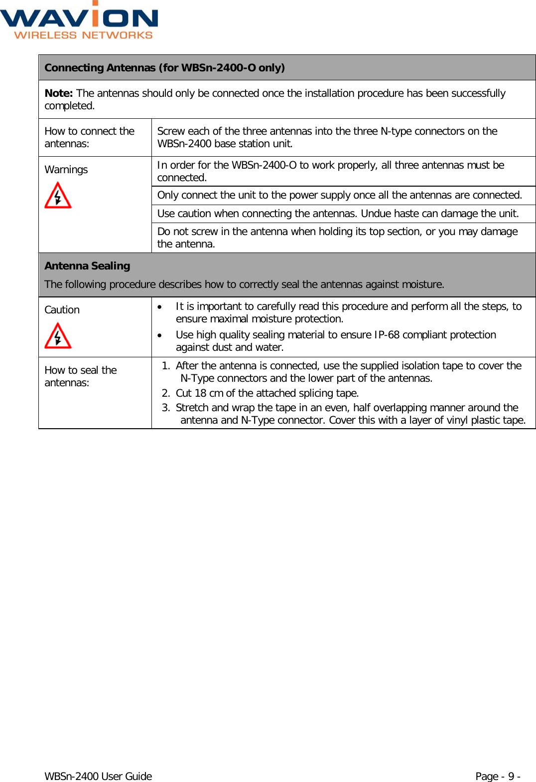  WBSn-2400 User Guide Page - 9 - Connecting Antennas (for WBSn-2400-O only) Note: The antennas should only be connected once the installation procedure has been successfully completed. How to connect the antennas: Screw each of the three antennas into the three N-type connectors on the WBSn-2400 base station unit. Warnings  In order for the WBSn-2400-O to work properly, all three antennas must be connected. Only connect the unit to the power supply once all the antennas are connected. Use caution when connecting the antennas. Undue haste can damage the unit. Do not screw in the antenna when holding its top section, or you may damage the antenna. Antenna Sealing The following procedure describes how to correctly seal the antennas against moisture. Caution  • It is important to carefully read this procedure and perform all the steps, to ensure maximal moisture protection.  • Use high quality sealing material to ensure IP-68 compliant protection against dust and water. How to seal the antennas: 1. After the antenna is connected, use the supplied isolation tape to cover the N-Type connectors and the lower part of the antennas. 2. Cut 18 cm of the attached splicing tape. 3. Stretch and wrap the tape in an even, half overlapping manner around the antenna and N-Type connector. Cover this with a layer of vinyl plastic tape. 