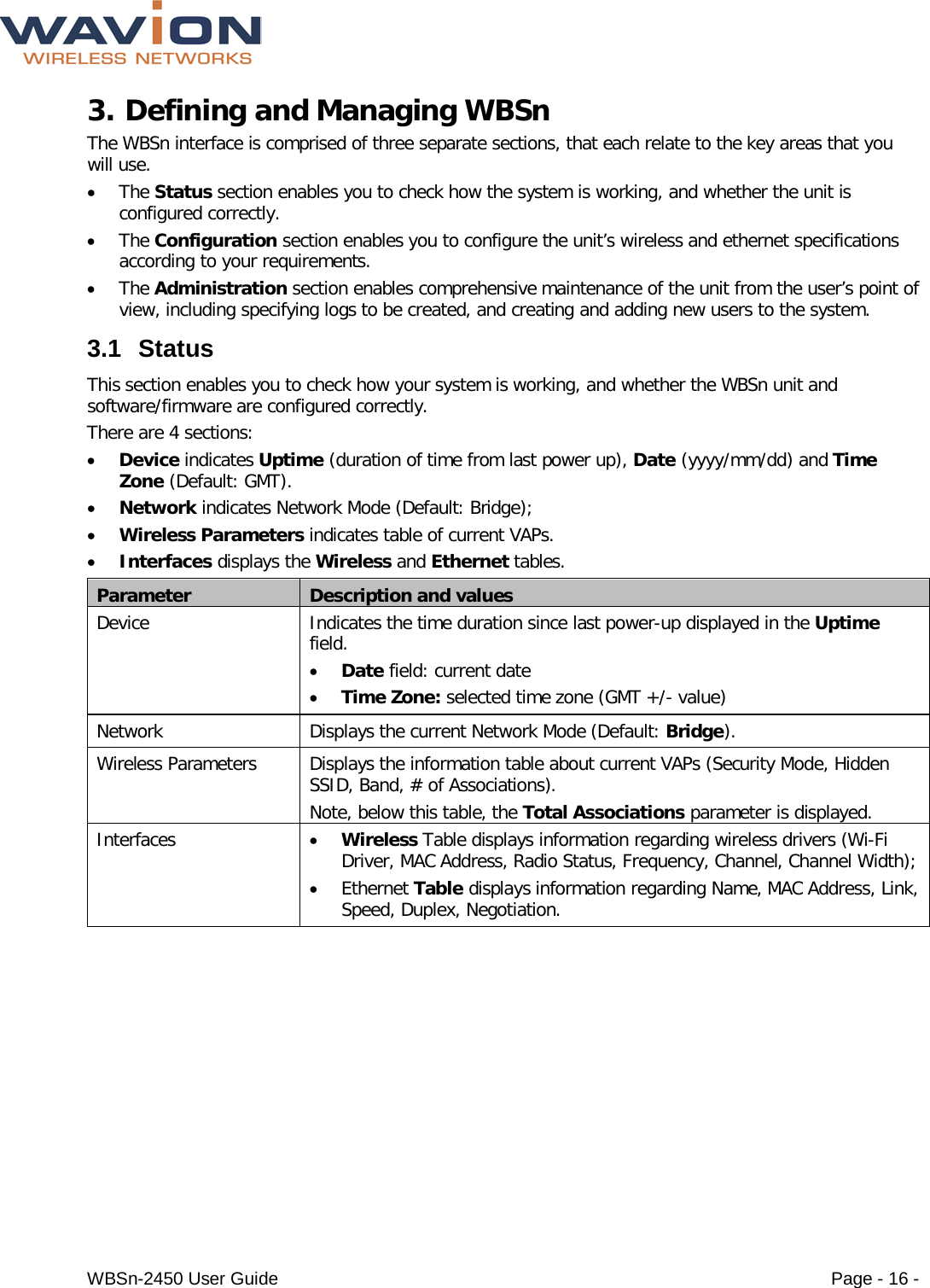  WBSn-2450 User Guide Page - 16 - 3. Defining and Managing WBSn The WBSn interface is comprised of three separate sections, that each relate to the key areas that you will use.  • The Status section enables you to check how the system is working, and whether the unit is configured correctly.  • The Configuration section enables you to configure the unit’s wireless and ethernet specifications according to your requirements. • The Administration section enables comprehensive maintenance of the unit from the user’s point of view, including specifying logs to be created, and creating and adding new users to the system. 3.1 Status This section enables you to check how your system is working, and whether the WBSn unit and software/firmware are configured correctly. There are 4 sections: • Device indicates Uptime (duration of time from last power up), Date (yyyy/mm/dd) and Time Zone (Default: GMT).  • Network indicates Network Mode (Default: Bridge); • Wireless Parameters indicates table of current VAPs. • Interfaces displays the Wireless and Ethernet tables. Parameter Description and values Device Indicates the time duration since last power-up displayed in the Uptime field. • Date field: current date  • Time Zone: selected time zone (GMT +/- value) Network Displays the current Network Mode (Default: Bridge). Wireless Parameters Displays the information table about current VAPs (Security Mode, Hidden SSID, Band, # of Associations).  Note, below this table, the Total Associations parameter is displayed. Interfaces • Wireless Table displays information regarding wireless drivers (Wi-Fi Driver, MAC Address, Radio Status, Frequency, Channel, Channel Width); • Ethernet Table displays information regarding Name, MAC Address, Link, Speed, Duplex, Negotiation. 