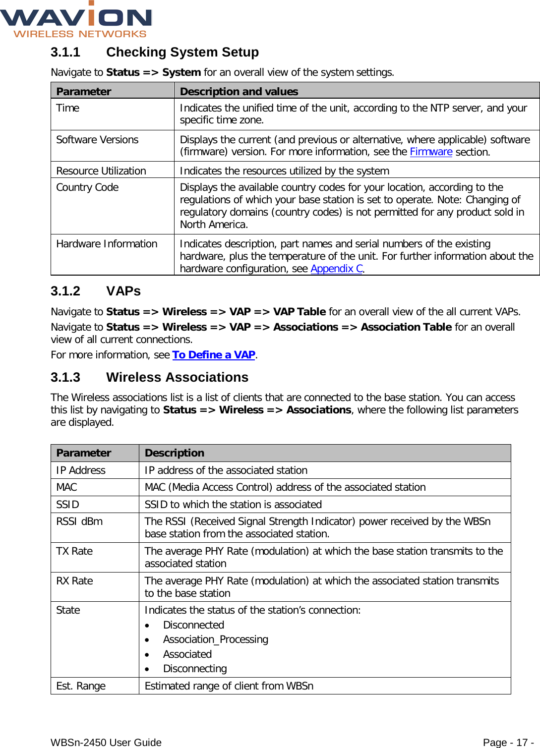  WBSn-2450 User Guide Page - 17 - 3.1.1  Checking System Setup Navigate to Status =&gt; System for an overall view of the system settings.  Parameter Description and values Time Indicates the unified time of the unit, according to the NTP server, and your specific time zone. Software Versions Displays the current (and previous or alternative, where applicable) software (firmware) version. For more information, see the Firmware section. Resource Utilization Indicates the resources utilized by the system Country Code Displays the available country codes for your location, according to the regulations of which your base station is set to operate. Note: Changing of regulatory domains (country codes) is not permitted for any product sold in North America. Hardware Information Indicates description, part names and serial numbers of the existing hardware, plus the temperature of the unit. For further information about the hardware configuration, see Appendix C. 3.1.2 VAPs Navigate to Status =&gt; Wireless =&gt; VAP =&gt; VAP Table for an overall view of the all current VAPs.  Navigate to Status =&gt; Wireless =&gt; VAP =&gt; Associations =&gt; Association Table for an overall view of all current connections. For more information, see To Define a VAP. 3.1.3  Wireless Associations   The Wireless associations list is a list of clients that are connected to the base station. You can access this list by navigating to Status =&gt; Wireless =&gt; Associations, where the following list parameters are displayed.  Parameter Description IP Address IP address of the associated station MAC MAC (Media Access Control) address of the associated station SSID SSID to which the station is associated RSSI dBm The RSSI (Received Signal Strength Indicator) power received by the WBSn base station from the associated station. TX Rate The average PHY Rate (modulation) at which the base station transmits to the associated station RX Rate The average PHY Rate (modulation) at which the associated station transmits to the base station State Indicates the status of the station’s connection:  • Disconnected • Association_Processing • Associated • Disconnecting Est. Range Estimated range of client from WBSn 