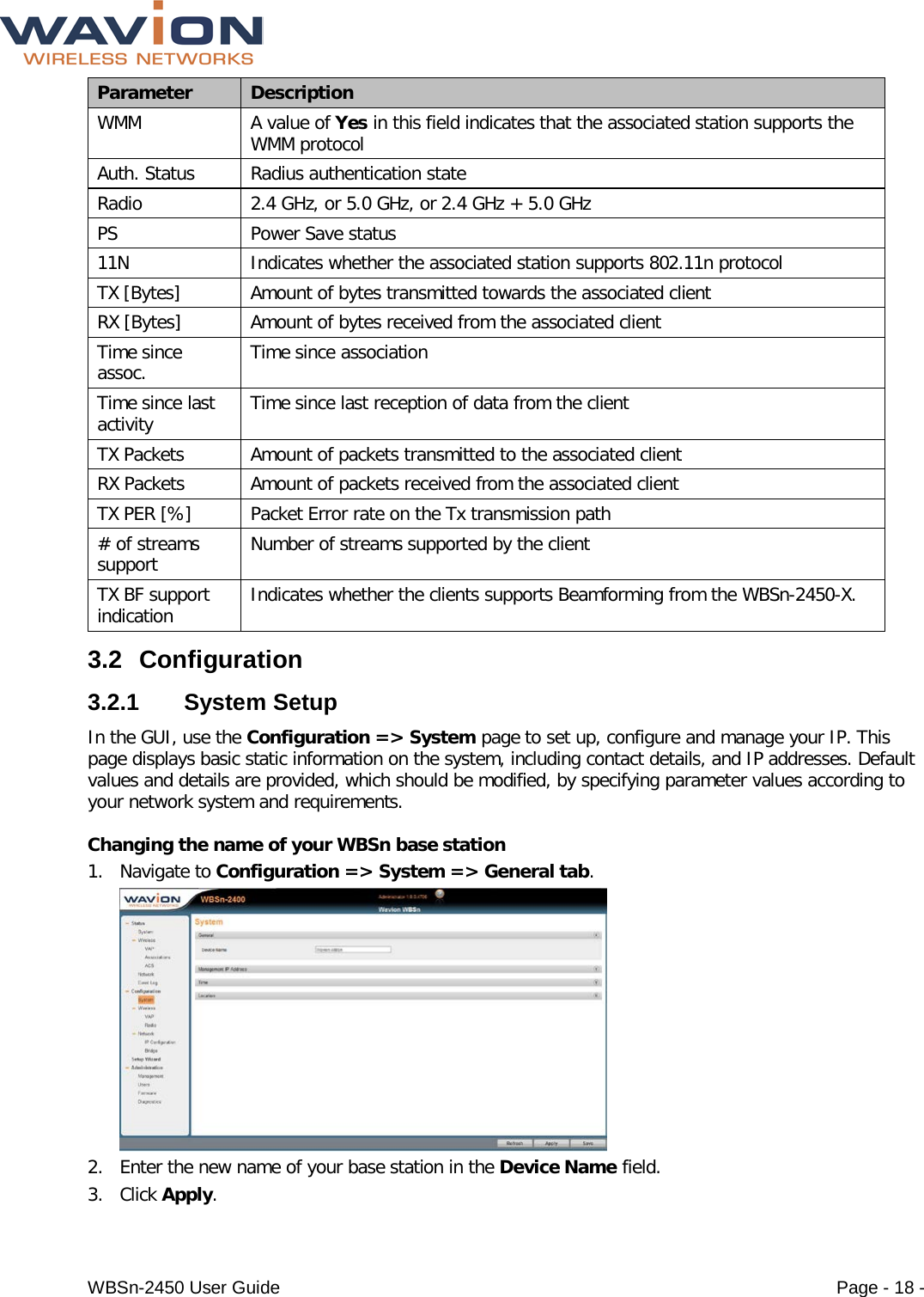  WBSn-2450 User Guide Page - 18 - Parameter Description WMM A value of Yes in this field indicates that the associated station supports the WMM protocol Auth. Status Radius authentication state Radio 2.4 GHz, or 5.0 GHz, or 2.4 GHz + 5.0 GHz PS Power Save status 11N Indicates whether the associated station supports 802.11n protocol TX [Bytes] Amount of bytes transmitted towards the associated client RX [Bytes] Amount of bytes received from the associated client Time since assoc. Time since association Time since last activity Time since last reception of data from the client TX Packets Amount of packets transmitted to the associated client RX Packets Amount of packets received from the associated client TX PER [%] Packet Error rate on the Tx transmission path  # of streams support Number of streams supported by the client TX BF support indication Indicates whether the clients supports Beamforming from the WBSn-2450-X. 3.2 Configuration 3.2.1  System Setup In the GUI, use the Configuration =&gt; System page to set up, configure and manage your IP. This page displays basic static information on the system, including contact details, and IP addresses. Default values and details are provided, which should be modified, by specifying parameter values according to your network system and requirements.  Changing the name of your WBSn base station 1. Navigate to Configuration =&gt; System =&gt; General tab.  2. Enter the new name of your base station in the Device Name field. 3. Click Apply. 