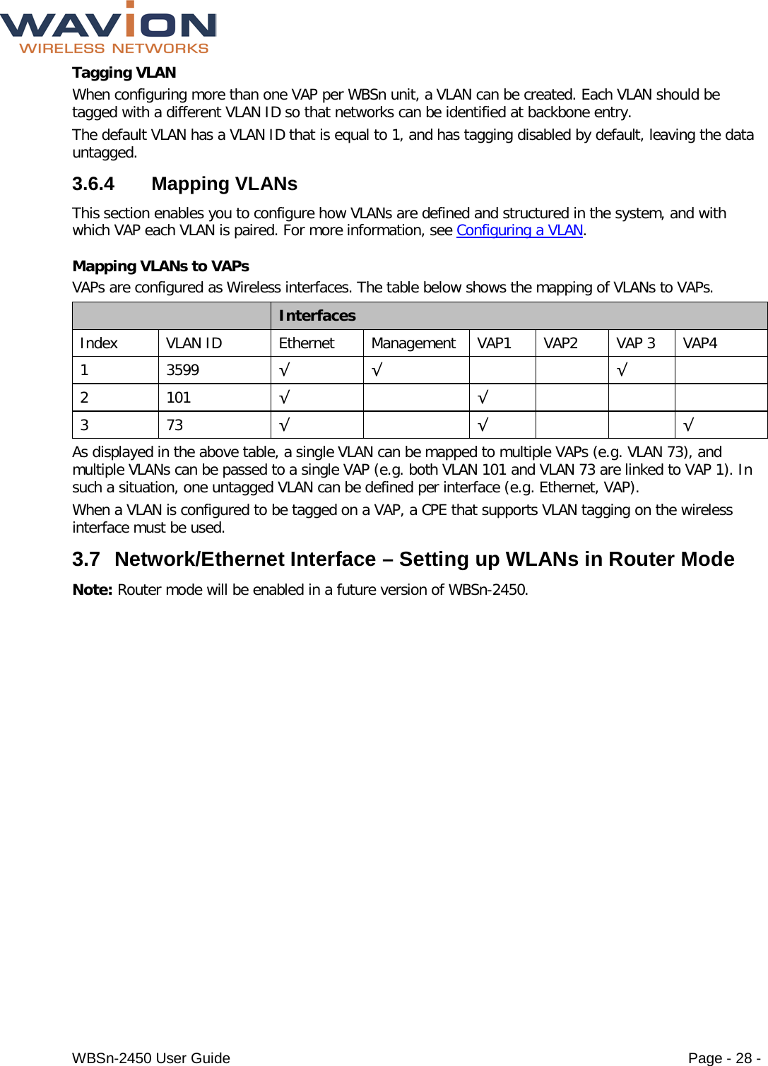  WBSn-2450 User Guide Page - 28 - Tagging VLAN When configuring more than one VAP per WBSn unit, a VLAN can be created. Each VLAN should be tagged with a different VLAN ID so that networks can be identified at backbone entry. The default VLAN has a VLAN ID that is equal to 1, and has tagging disabled by default, leaving the data untagged.  3.6.4  Mapping VLANs This section enables you to configure how VLANs are defined and structured in the system, and with which VAP each VLAN is paired. For more information, see Configuring a VLAN. Mapping VLANs to VAPs VAPs are configured as Wireless interfaces. The table below shows the mapping of VLANs to VAPs.   Interfaces Index VLAN ID Ethernet Management VAP1 VAP2 VAP 3  VAP4 1  3599 √ √      √   2  101 √    √       3  73 √    √      √ As displayed in the above table, a single VLAN can be mapped to multiple VAPs (e.g. VLAN 73), and multiple VLANs can be passed to a single VAP (e.g. both VLAN 101 and VLAN 73 are linked to VAP 1). In such a situation, one untagged VLAN can be defined per interface (e.g. Ethernet, VAP).  When a VLAN is configured to be tagged on a VAP, a CPE that supports VLAN tagging on the wireless interface must be used. 3.7 Network/Ethernet Interface – Setting up WLANs in Router Mode  Note: Router mode will be enabled in a future version of WBSn-2450. 