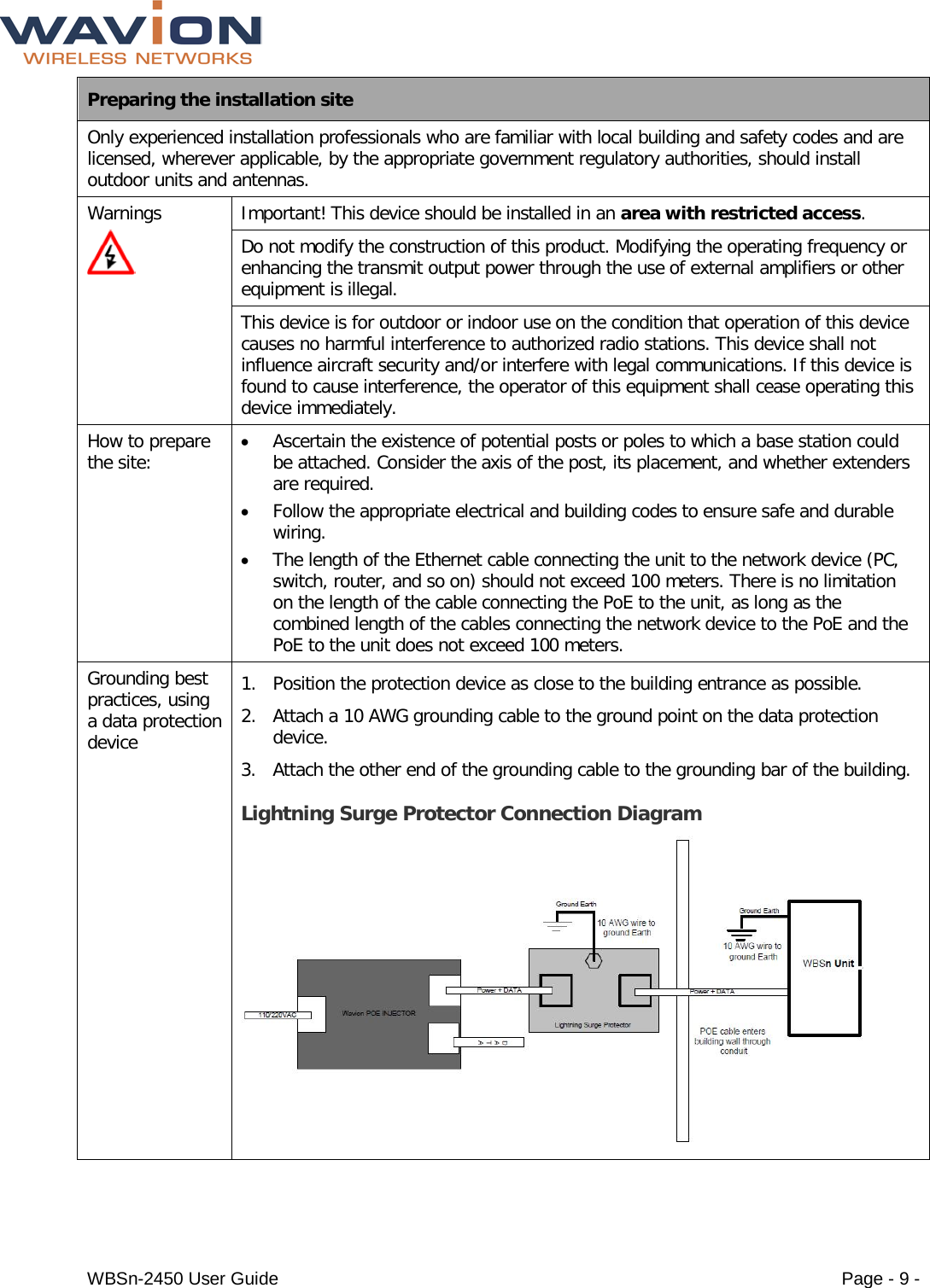  WBSn-2450 User Guide Page - 9 - Preparing the installation site Only experienced installation professionals who are familiar with local building and safety codes and are licensed, wherever applicable, by the appropriate government regulatory authorities, should install outdoor units and antennas. Warnings  Important! This device should be installed in an area with restricted access.  Do not modify the construction of this product. Modifying the operating frequency or enhancing the transmit output power through the use of external amplifiers or other equipment is illegal. This device is for outdoor or indoor use on the condition that operation of this device causes no harmful interference to authorized radio stations. This device shall not influence aircraft security and/or interfere with legal communications. If this device is found to cause interference, the operator of this equipment shall cease operating this device immediately. How to prepare the site: • Ascertain the existence of potential posts or poles to which a base station could be attached. Consider the axis of the post, its placement, and whether extenders are required.  • Follow the appropriate electrical and building codes to ensure safe and durable wiring. • The length of the Ethernet cable connecting the unit to the network device (PC, switch, router, and so on) should not exceed 100 meters. There is no limitation on the length of the cable connecting the PoE to the unit, as long as the combined length of the cables connecting the network device to the PoE and the PoE to the unit does not exceed 100 meters.  Grounding best practices, using a data protection device 1. Position the protection device as close to the building entrance as possible. 2. Attach a 10 AWG grounding cable to the ground point on the data protection device. 3. Attach the other end of the grounding cable to the grounding bar of the building. Lightning Surge Protector Connection Diagram  