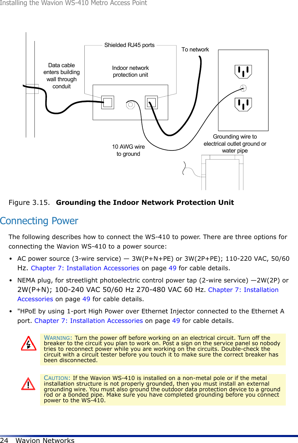 Installing the Wavion WS-410 Metro Access Point24 Wavion NetworksFigure 3.15.  Grounding the Indoor Network Protection UnitConnecting PowerThe following describes how to connect the WS-410 to power. There are three options for connecting the Wavion WS-410 to a power source:•AC power source (3-wire service) — 3W(P+N+PE) or 3W(2P+PE); 110-220 VAC, 50/60 Hz. Chapter 7: Installation Accessories on page 49 for cable details.•NEMA plug, for streetlight photoelectric control power tap (2-wire service) —2W(2P) or 2W(P+N); 100-240 VAC 50/60 Hz 270-480 VAC 60 Hz. Chapter 7: Installation Accessories on page 49 for cable details.•&quot;HPoE by using 1-port High Power over Ethernet Injector connected to the Ethernet A port. Chapter 7: Installation Accessories on page 49 for cable details. WARNING: Turn the power off before working on an electrical circuit. Turn off the breaker to the circuit you plan to work on. Post a sign on the service panel so nobody tries to reconnect power while you are working on the circuits. Double-check the circuit with a circuit tester before you touch it to make sure the correct breaker has been disconnected.CAUTION: If the Wavion WS-410 is installed on a non-metal pole or if the metal installation structure is not properly grounded, then you must install an external grounding wire. You must also ground the outdoor data protection device to a ground rod or a bonded pipe. Make sure you have completed grounding before you connect power to the WS-410.Indoor networkprotection unitData cableenters buildingwall throughconduitTo networkGrounding wire toelectrical outlet ground orwater pipe10 AWG wireto groundShielded RJ45 ports