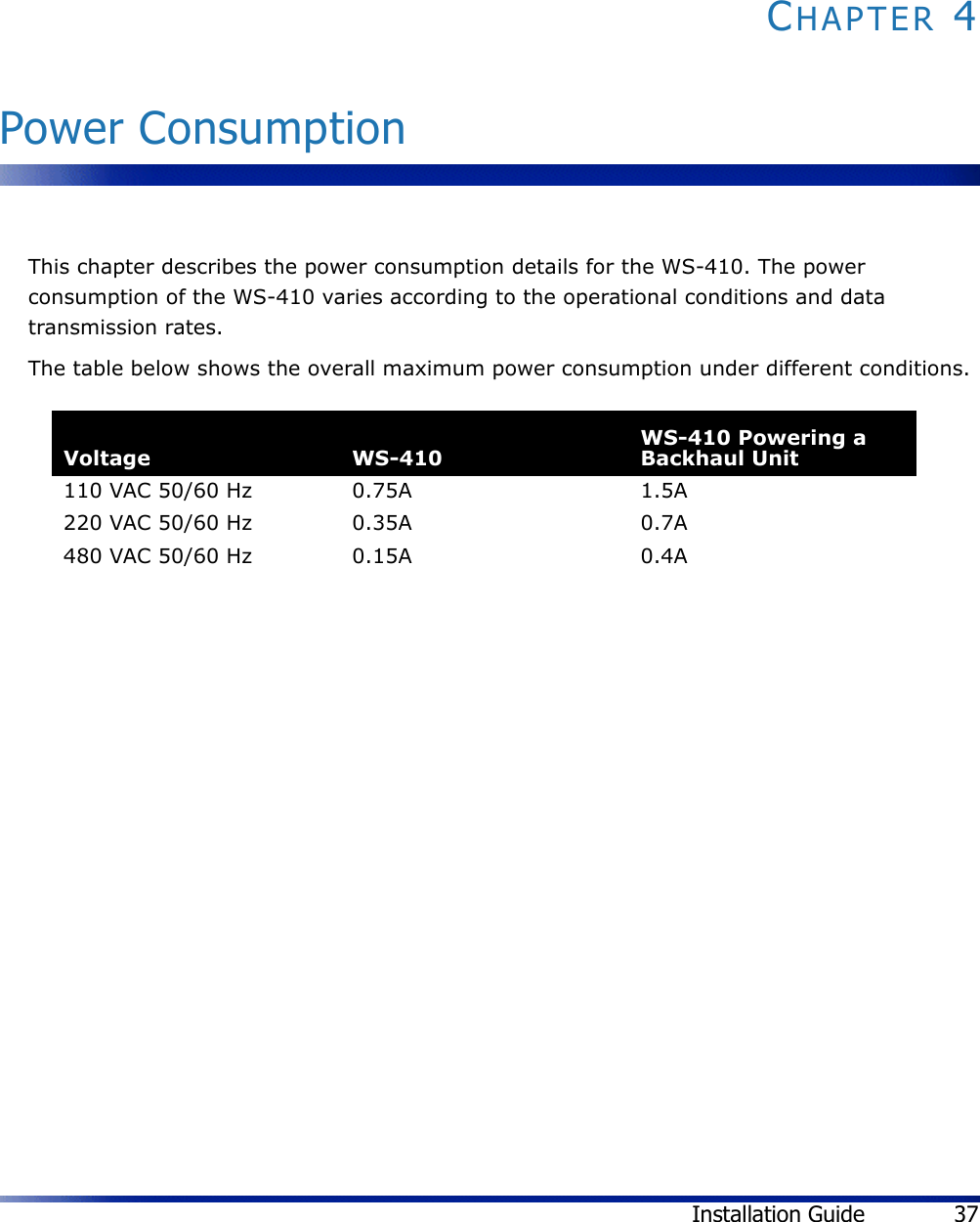 Installation Guide 37CHAPTER 4Power ConsumptionThis chapter describes the power consumption details for the WS-410. The power consumption of the WS-410 varies according to the operational conditions and data transmission rates.The table below shows the overall maximum power consumption under different conditions.Voltage WS-410WS-410 Powering a Backhaul Unit110 VAC 50/60 Hz 0.75A 1.5A220 VAC 50/60 Hz 0.35A 0.7A480 VAC 50/60 Hz 0.15A 0.4A