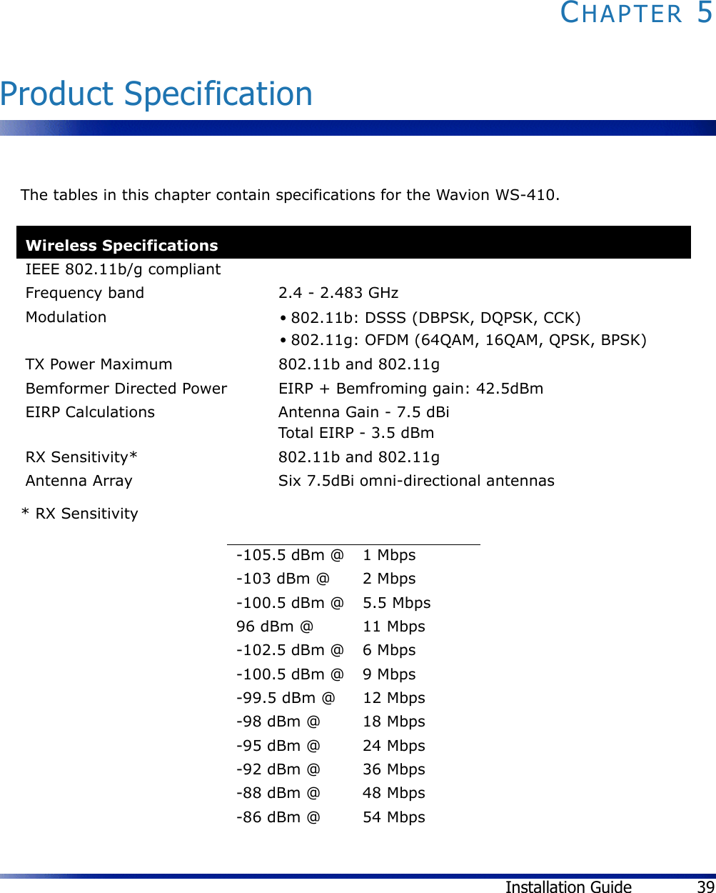 Installation Guide 39CHAPTER 5Product SpecificationThe tables in this chapter contain specifications for the Wavion WS-410. * RX SensitivityWireless SpecificationsIEEE 802.11b/g compliantFrequency band 2.4 - 2.483 GHzModulation •802.11b: DSSS (DBPSK, DQPSK, CCK)•802.11g: OFDM (64QAM, 16QAM, QPSK, BPSK)TX Power Maximum 802.11b and 802.11gBemformer Directed Power EIRP + Bemfroming gain: 42.5dBmEIRP Calculations Antenna Gain - 7.5 dBiTotal EIRP - 3.5 dBmRX Sensitivity* 802.11b and 802.11gAntenna Array Six 7.5dBi omni-directional antennas-105.5 dBm @ 1 Mbps-103 dBm @ 2 Mbps-100.5 dBm @ 5.5 Mbps96 dBm @ 11 Mbps-102.5 dBm @ 6 Mbps-100.5 dBm @ 9 Mbps-99.5 dBm @ 12 Mbps-98 dBm @ 18 Mbps-95 dBm @ 24 Mbps-92 dBm @ 36 Mbps-88 dBm @ 48 Mbps-86 dBm @ 54 Mbps