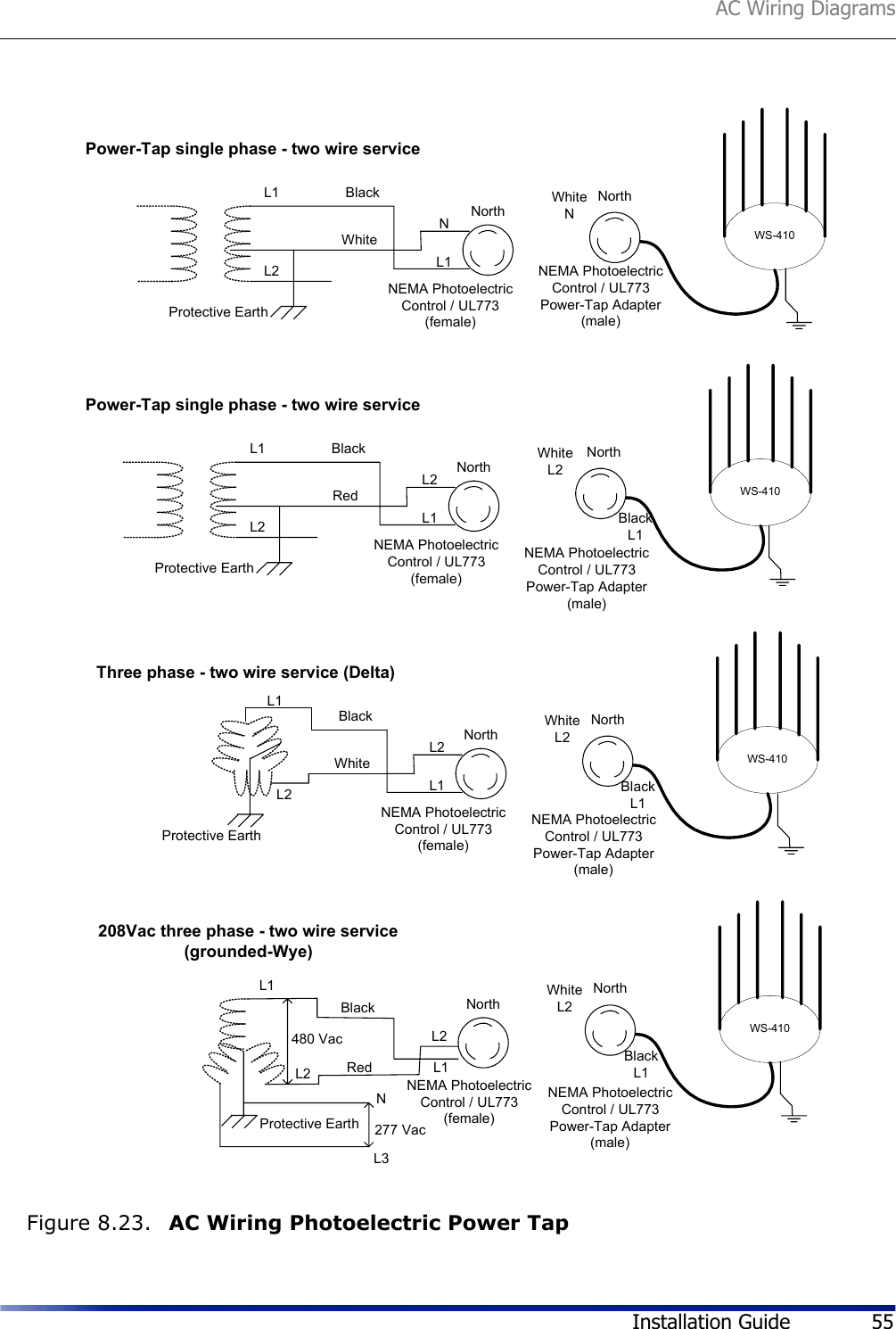 AC Wiring DiagramsInstallation Guide 55Figure 8.23.  AC Wiring Photoelectric Power TapL1L2Protective EarthBlackWhite WS-410NorthNorthL1NPower-Tap single phase - two wire serviceNEMA PhotoelectricControl / UL773(female)NEMA PhotoelectricControl / UL773Power-Tap Adapter(male)WhiteNL1L2Protective EarthBlackRed WS-410NorthNorthL1L2Power-Tap single phase - two wire serviceNEMA PhotoelectricControl / UL773(female)NEMA PhotoelectricControl / UL773Power-Tap Adapter(male)WhiteL2L1L2Protective EarthBlackWhite WS-410NorthNorthL1L2Three phase - two wire service (Delta)NEMA PhotoelectricControl / UL773(female)NEMA PhotoelectricControl / UL773Power-Tap Adapter(male)WhiteL2L1L2Protective EarthBlackRedWS-410NorthNorthL1L2208Vac three phase - two wire service(grounded-Wye)NEMA PhotoelectricControl / UL773(female)NEMA PhotoelectricControl / UL773Power-Tap Adapter(male)WhiteL2BlackL1BlackL1BlackL1277 VacL3N480 Vac