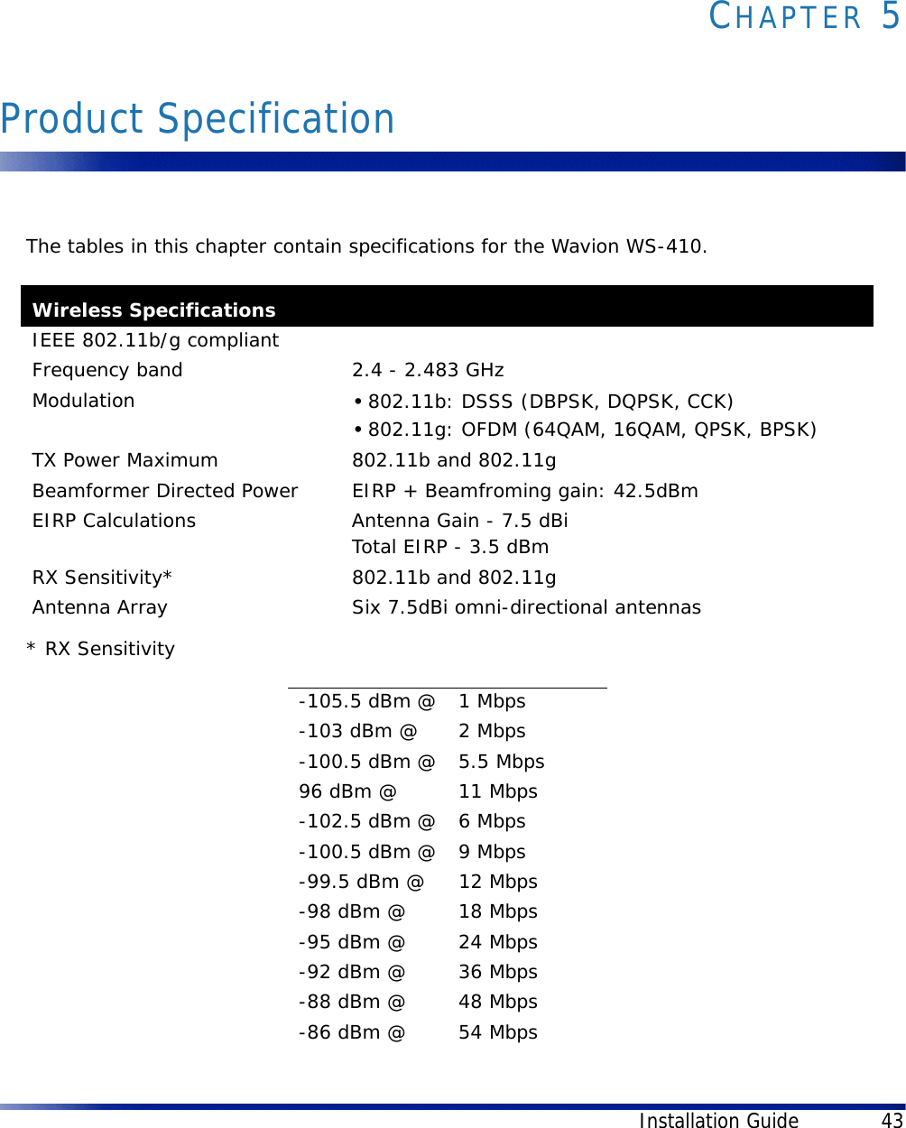 Installation Guide 43CHAPTER 5Product SpecificationThe tables in this chapter contain specifications for the Wavion WS-410. * RX SensitivityWireless SpecificationsIEEE 802.11b/g compliantFrequency band 2.4 - 2.483 GHzModulation •802.11b: DSSS (DBPSK, DQPSK, CCK)•802.11g: OFDM (64QAM, 16QAM, QPSK, BPSK)TX Power Maximum 802.11b and 802.11gBeamformer Directed Power EIRP + Beamfroming gain: 42.5dBmEIRP Calculations Antenna Gain - 7.5 dBiTotal EIRP - 3.5 dBmRX Sensitivity* 802.11b and 802.11gAntenna Array Six 7.5dBi omni-directional antennas-105.5 dBm @ 1 Mbps-103 dBm @ 2 Mbps-100.5 dBm @ 5.5 Mbps96 dBm @ 11 Mbps-102.5 dBm @ 6 Mbps-100.5 dBm @ 9 Mbps-99.5 dBm @ 12 Mbps-98 dBm @ 18 Mbps-95 dBm @ 24 Mbps-92 dBm @ 36 Mbps-88 dBm @ 48 Mbps-86 dBm @ 54 Mbps