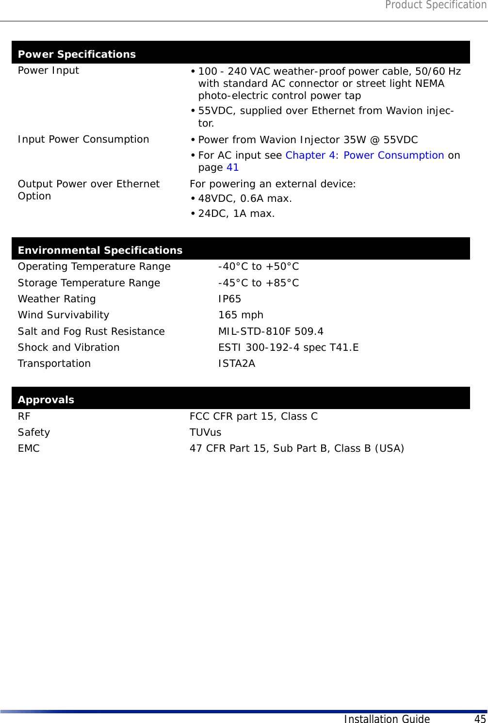 Product SpecificationInstallation Guide 45Power SpecificationsPower Input •100 - 240 VAC weather-proof power cable, 50/60 Hz with standard AC connector or street light NEMA photo-electric control power tap •55VDC, supplied over Ethernet from Wavion injec-tor.Input Power Consumption •Power from Wavion Injector 35W @ 55VDC•For AC input see Chapter 4: Power Consumption on page 41Output Power over Ethernet Option  For powering an external device:•48VDC, 0.6A max.•24DC, 1A max.Environmental SpecificationsOperating Temperature Range  -40°C to +50°CStorage Temperature Range -45°C to +85°CWeather Rating IP65Wind Survivability 165 mphSalt and Fog Rust Resistance MIL-STD-810F 509.4Shock and Vibration ESTI 300-192-4 spec T41.ETransportation ISTA2AApprovalsRF FCC CFR part 15, Class CSafety TUVusEMC 47 CFR Part 15, Sub Part B, Class B (USA)