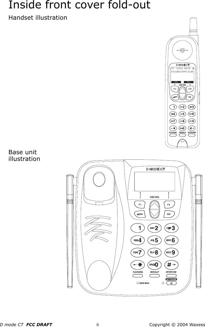 D mode CT  FCC DRAFT ii Copyright © 2004 WaxessInside front cover fold-outHandset illustrationBase unit illustration