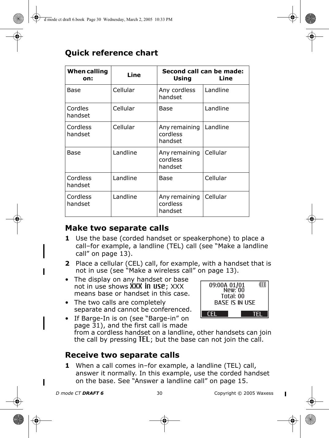 D mode CT DRAFT 6 30 Copyright © 2005 WaxessQuick reference chartMake two separate calls1Use the base (corded handset or speakerphone) to place a  call–for example, a landline (TEL) call (see “Make a landline call” on page 13).2Place a cellular (CEL) call, for example, with a handset that is not in use (see “Make a wireless call” on page 13).• The display on any handset or base not in use shows XXX in use; XXX means base or handset in this case.• The two calls are completely separate and cannot be conferenced.• If Barge-In is on (see “Barge-in” on page 31), and the first call is made from a cordless handset on a landline, other handsets can join the call by pressing TEL; but the base can not join the call.Receive two separate calls1When a call comes in–for example, a landline (TEL) call, answer it normally. In this example, use the corded handset on the base. See “Answer a landline call” on page 15.When calling on: Line Second call can be made: Using              LineBase Cellular Any cordless handsetLandlineCordles handsetCellular Base LandlineCordless handsetCellular Any remaining cordless handsetLandlineBase Landline Any remaining cordless handsetCellularCordless handsetLandline Base CellularCordless handsetLandline Any remaining cordless handsetCellulard mode ct draft 6.book  Page 30  Wednesday, March 2, 2005  10:33 PM