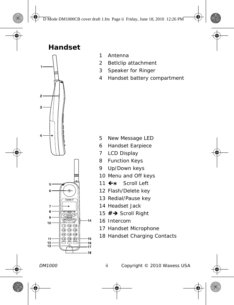 DM1000 ii Copyright © 2010 Waxess USAHandset 1 Antenna2 Betlclip attachment3 Speaker for Ringer4 Handset battery compartment5 New Message LED6 Handset Earpiece7LCD Display8Function Keys9Up/Down keys10 Menu and Off keys11 * Scroll Left12 Flash/Delete key13 Redial/Pause key14 Headset Jack15 # Scroll Right16 Intercom17 Handset Microphone18 Handset Charging ContactsD Mode DM1000CB cover draft 1.fm  Page ii  Friday, June 18, 2010  12:26 PM