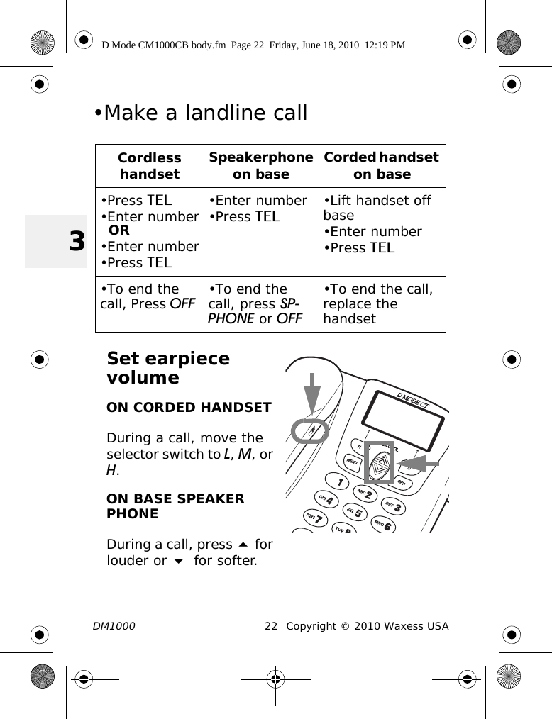 DM1000 22 Copyright © 2010 Waxess USA3•Make a landline callSet earpiece volumeON CORDED HANDSETDuring a call, move the selector switch to L, M, or H.ON BASE SPEAKER PHONEDuring a call, press  for louder or  for softer.Cordless handsetSpeakerphone on baseCorded handset on base•Press TEL•Enter numberOR•Enter number•Press TEL•Enter number•Press TEL •Lift handset off base•Enter number•Press TEL•To end the call, Press OFF •To end the call, press SP-PHONE or OFF•To end the call, replace the handsetD Mode CM1000CB body.fm  Page 22  Friday, June 18, 2010  12:19 PM