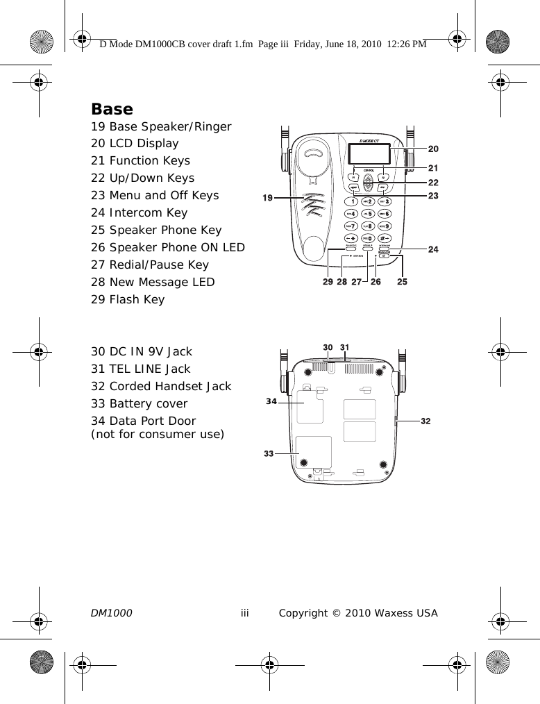 DM1000 iii Copyright © 2010 Waxess USABase19 Base Speaker/Ringer20 LCD Display21 Function Keys22 Up/Down Keys23 Menu and Off Keys24 Intercom Key25 Speaker Phone Key26 Speaker Phone ON LED27 Redial/Pause Key28 New Message LED29 Flash Key30 DC IN 9V Jack31 TEL LINE Jack32 Corded Handset Jack33 Battery cover34 Data Port Door (not for consumer use)34D Mode DM1000CB cover draft 1.fm  Page iii  Friday, June 18, 2010  12:26 PM