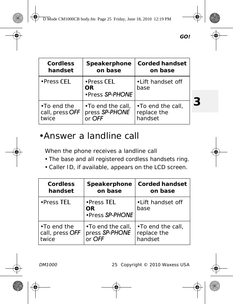 GO!DM1000 25 Copyright © 2010 Waxess USA3 •Answer a landline callWhen the phone receives a landline call• The base and all registered cordless handsets ring.• Caller ID, if available, appears on the LCD screen. Cordless handset Speakerphone on base Corded handset on base•Press CEL •Press CELOR•Press SP-PHONE•Lift handset off base•To end the call, press OFF twice•To end the call, press SP-PHONE or OFF•To end the call, replace the handsetCordless handset Speakerphone on base Corded handset on base•Press TEL •Press TELOR•Press SP-PHONE•Lift handset off base•To end the call, press OFF twice•To end the call, press SP-PHONE or OFF•To end the call, replace the handsetD Mode CM1000CB body.fm  Page 25  Friday, June 18, 2010  12:19 PM