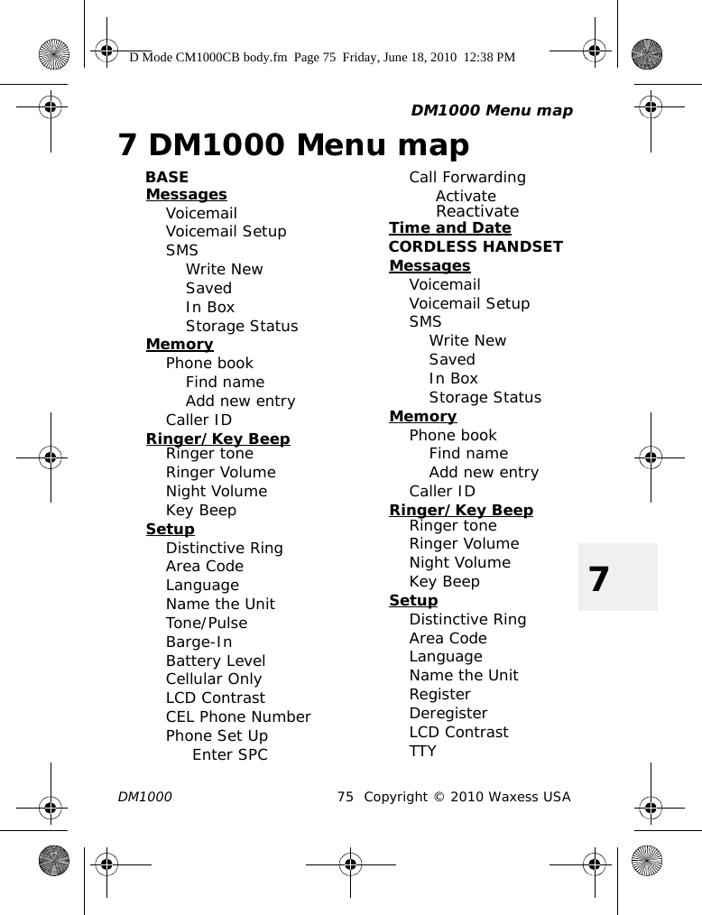 DM1000 Menu mapDM1000 75 Copyright © 2010 Waxess USA77 DM1000 Menu mapBASEMessagesVoicemailVoicemail SetupSMSWrite NewSavedIn BoxStorage StatusMemoryPhone bookFind nameAdd new entryCaller IDRinger/Key BeepRinger toneRinger VolumeNight VolumeKey BeepSetupDistinctive RingArea CodeLanguageName the UnitTone/PulseBarge-InBattery LevelCellular OnlyLCD ContrastCEL Phone NumberPhone Set UpEnter SPCCall ForwardingActivateReactivateTime and DateCORDLESS HANDSETMessagesVoicemailVoicemail SetupSMSWrite NewSavedIn BoxStorage StatusMemoryPhone bookFind nameAdd new entryCaller IDRinger/Key BeepRinger toneRinger VolumeNight VolumeKey BeepSetupDistinctive RingArea CodeLanguageName the UnitRegisterDeregisterLCD ContrastTTYD Mode CM1000CB body.fm  Page 75  Friday, June 18, 2010  12:38 PM