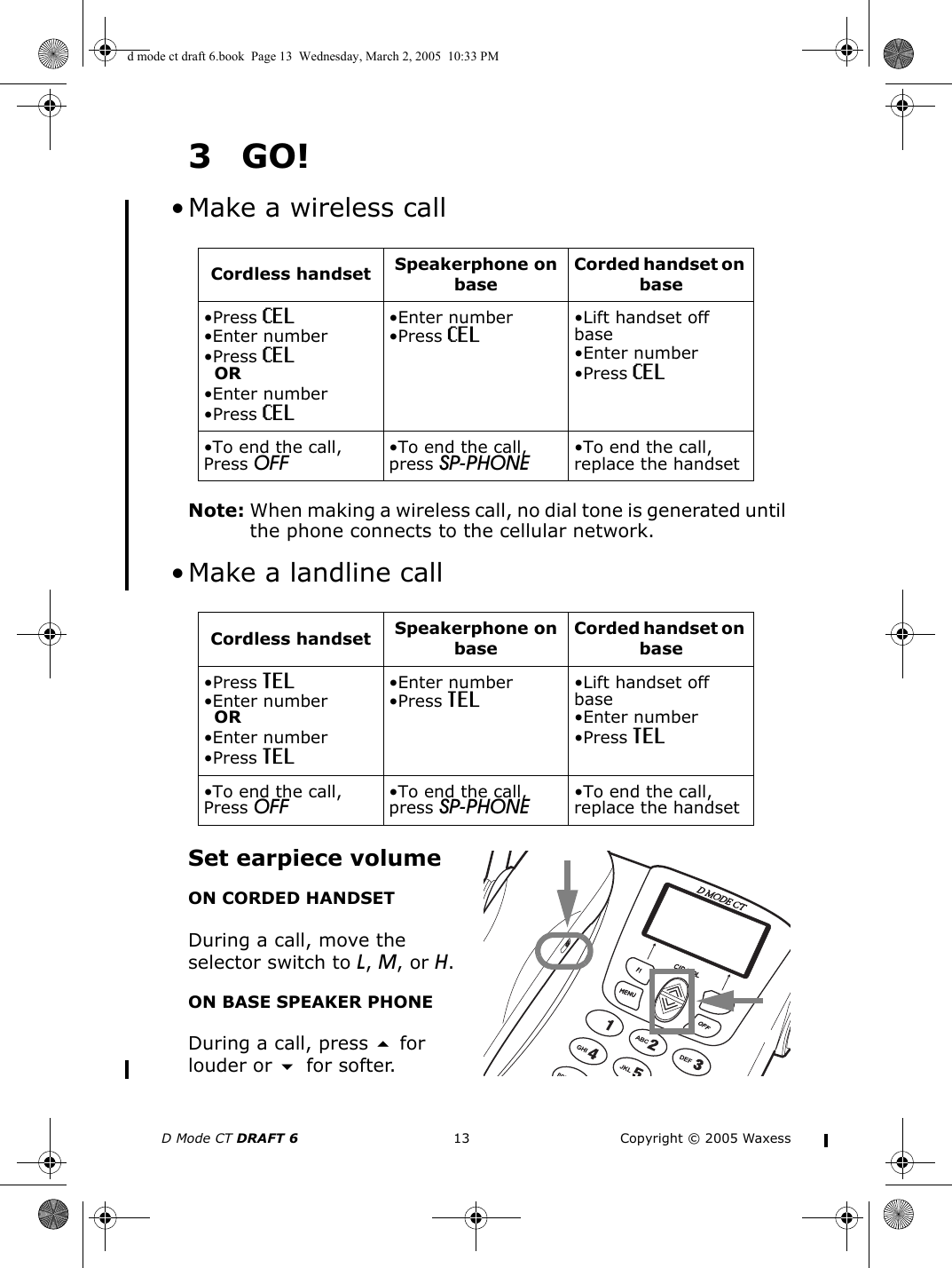 D Mode CT DRAFT 6 13 Copyright © 2005 Waxess3GO! • Make a wireless callNote: When making a wireless call, no dial tone is generated until the phone connects to the cellular network. • Make a landline callSet earpiece volumeON CORDED HANDSETDuring a call, move the selector switch to L, M, or H.ON BASE SPEAKER PHONEDuring a call, press  for louder or  for softer.Cordless handset Speakerphone on baseCorded handset on base•Press CEL•Enter number•Press CELOR•Enter number•Press CEL•Enter number•Press CEL •Lift handset off base•Enter number•Press CEL•To end the call, Press OFF •To end the call, press SP-PHONE •To end the call, replace the handsetCordless handset Speakerphone on baseCorded handset on base•Press TEL•Enter numberOR•Enter number•Press TEL•Enter number•Press TEL •Lift handset off base•Enter number•Press TEL•To end the call, Press OFF •To end the call, press SP-PHONE •To end the call, replace the handsetd mode ct draft 6.book  Page 13  Wednesday, March 2, 2005  10:33 PM