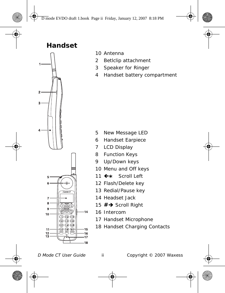 D Mode CT User Guide ii Copyright © 2007 WaxessHandset 10 Antenna2 Betlclip attachment3 Speaker for Ringer4 Handset battery compartment5 New Message LED6 Handset Earpiece7LCD Display8Function Keys9Up/Down keys10 Menu and Off keys11 * Scroll Left12 Flash/Delete key13 Redial/Pause key14 Headset Jack15 # Scroll Right16 Intercom17 Handset Microphone18 Handset Charging ContactsD mode EVDO draft 1.book  Page ii  Friday, January 12, 2007  8:18 PM