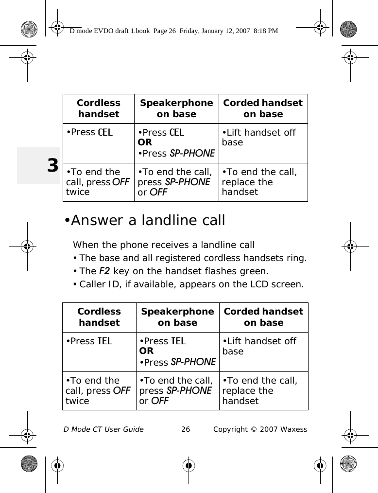 D Mode CT User Guide 26 Copyright © 2007 Waxess3 •Answer a landline callWhen the phone receives a landline call• The base and all registered cordless handsets ring.•The F2 key on the handset flashes green.• Caller ID, if available, appears on the LCD screen. Cordless handset Speakerphone on base Corded handset on base•Press CEL •Press CELOR•Press SP-PHONE•Lift handset off base•To end the call, press OFF twice•To end the call, press SP-PHONE or OFF•To end the call, replace the handsetCordless handset Speakerphone on base Corded handset on base•Press TEL •Press TELOR•Press SP-PHONE•Lift handset off base•To end the call, press OFF twice•To end the call, press SP-PHONE or OFF•To end the call, replace the handsetD mode EVDO draft 1.book  Page 26  Friday, January 12, 2007  8:18 PM