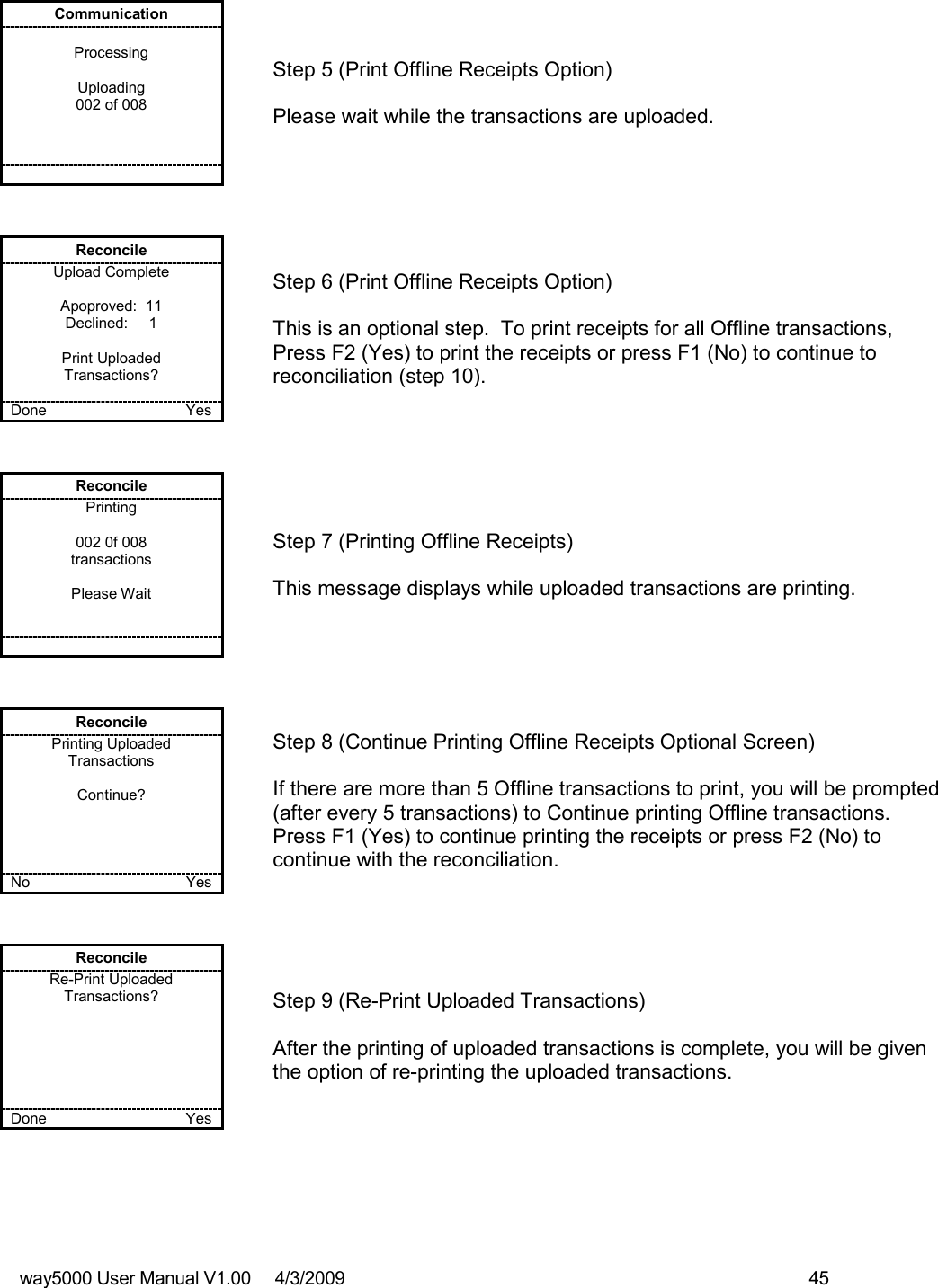 way5000 User Manual V1.00     4/3/2009    45   Communication  Processing  Uploading 002 of 008           Step 5 (Print Offline Receipts Option)  Please wait while the transactions are uploaded. Reconcile Upload Complete  Apoproved:  11 Declined:     1  Print Uploaded Transactions?  Done    Yes   Step 6 (Print Offline Receipts Option)  This is an optional step.  To print receipts for all Offline transactions, Press F2 (Yes) to print the receipts or press F1 (No) to continue to reconciliation (step 10). Reconcile Printing  002 0f 008 transactions  Please Wait          Step 7 (Printing Offline Receipts)  This message displays while uploaded transactions are printing. Reconcile Printing Uploaded Transactions  Continue?     No    Yes   Step 8 (Continue Printing Offline Receipts Optional Screen)  If there are more than 5 Offline transactions to print, you will be prompted (after every 5 transactions) to Continue printing Offline transactions. Press F1 (Yes) to continue printing the receipts or press F2 (No) to continue with the reconciliation. Reconcile Re-Print Uploaded Transactions?       Done    Yes   Step 9 (Re-Print Uploaded Transactions)  After the printing of uploaded transactions is complete, you will be given the option of re-printing the uploaded transactions. 