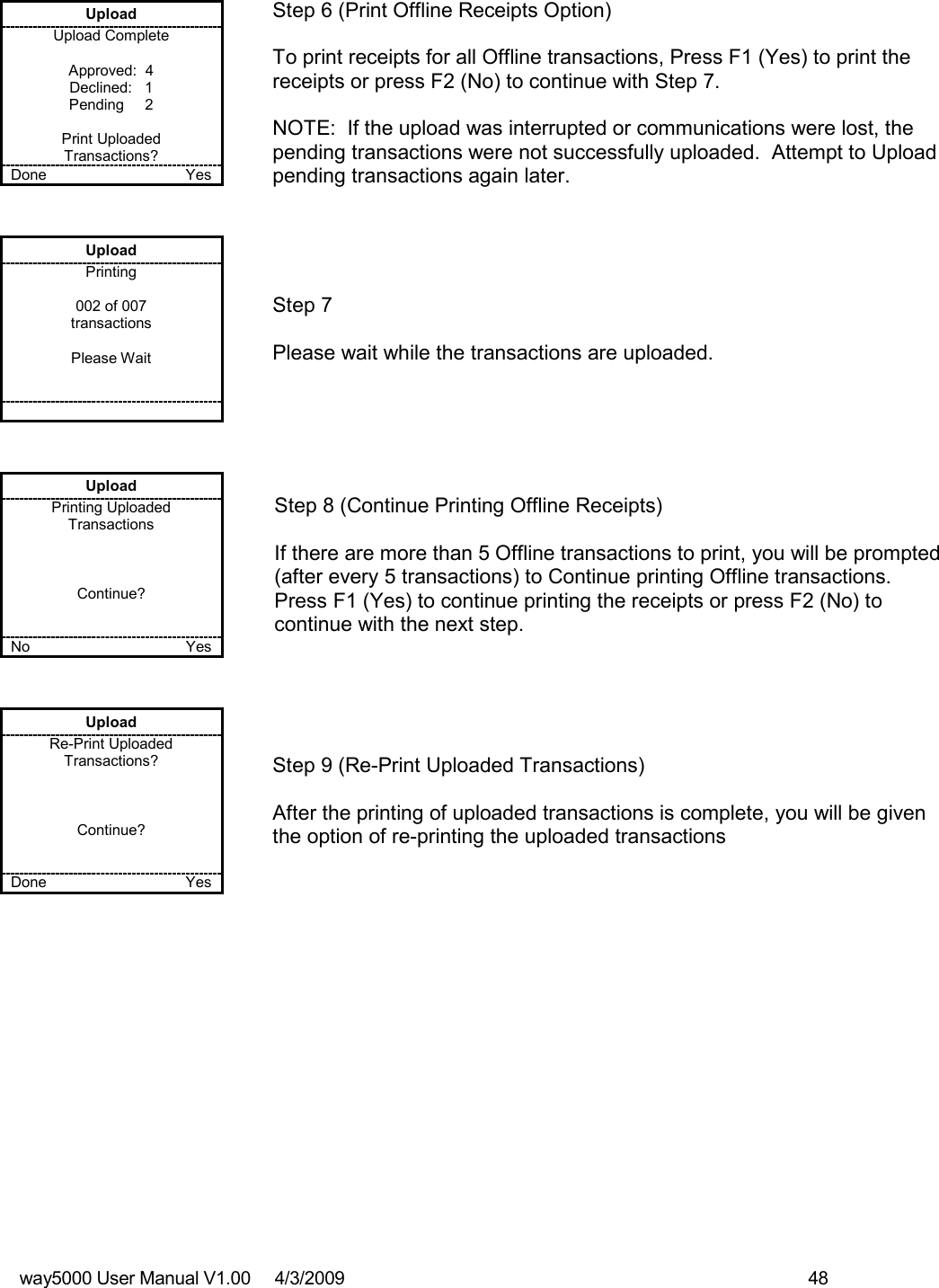 way5000 User Manual V1.00     4/3/2009    48   Upload Upload Complete  Approved:  4 Declined:   1 Pending     2  Print Uploaded Transactions? Done    Yes   Step 6 (Print Offline Receipts Option)  To print receipts for all Offline transactions, Press F1 (Yes) to print the receipts or press F2 (No) to continue with Step 7.  NOTE:  If the upload was interrupted or communications were lost, the pending transactions were not successfully uploaded.  Attempt to Upload pending transactions again later. Upload Printing  002 of 007 transactions  Please Wait          Step 7  Please wait while the transactions are uploaded. Upload Printing Uploaded Transactions    Continue?   No    Yes   Step 8 (Continue Printing Offline Receipts)  If there are more than 5 Offline transactions to print, you will be prompted (after every 5 transactions) to Continue printing Offline transactions. Press F1 (Yes) to continue printing the receipts or press F2 (No) to continue with the next step. Upload Re-Print Uploaded Transactions?    Continue?   Done    Yes   Step 9 (Re-Print Uploaded Transactions)   After the printing of uploaded transactions is complete, you will be given the option of re-printing the uploaded transactions 