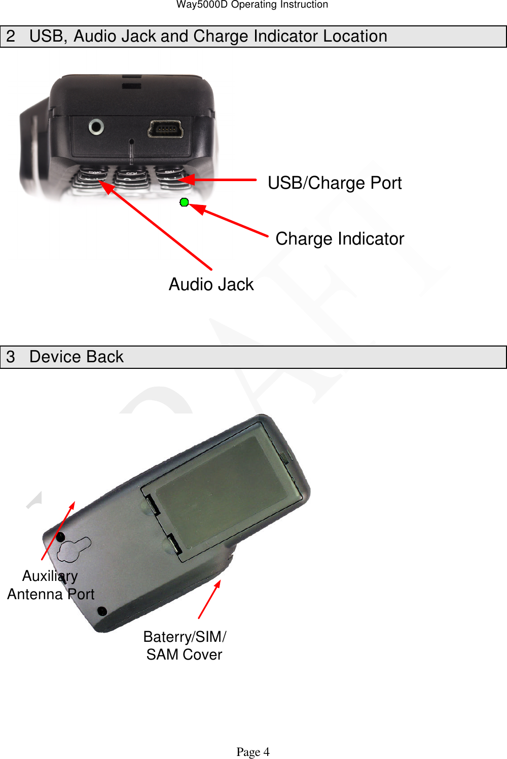 Way5000D Operating Instruction   Page 4 2 USB, Audio Jack and Charge Indicator Location USB/Charge PortAudio JackCharge Indicator   3 Device Back   Baterry/SIM/SAM CoverAuxiliary Antenna Port    