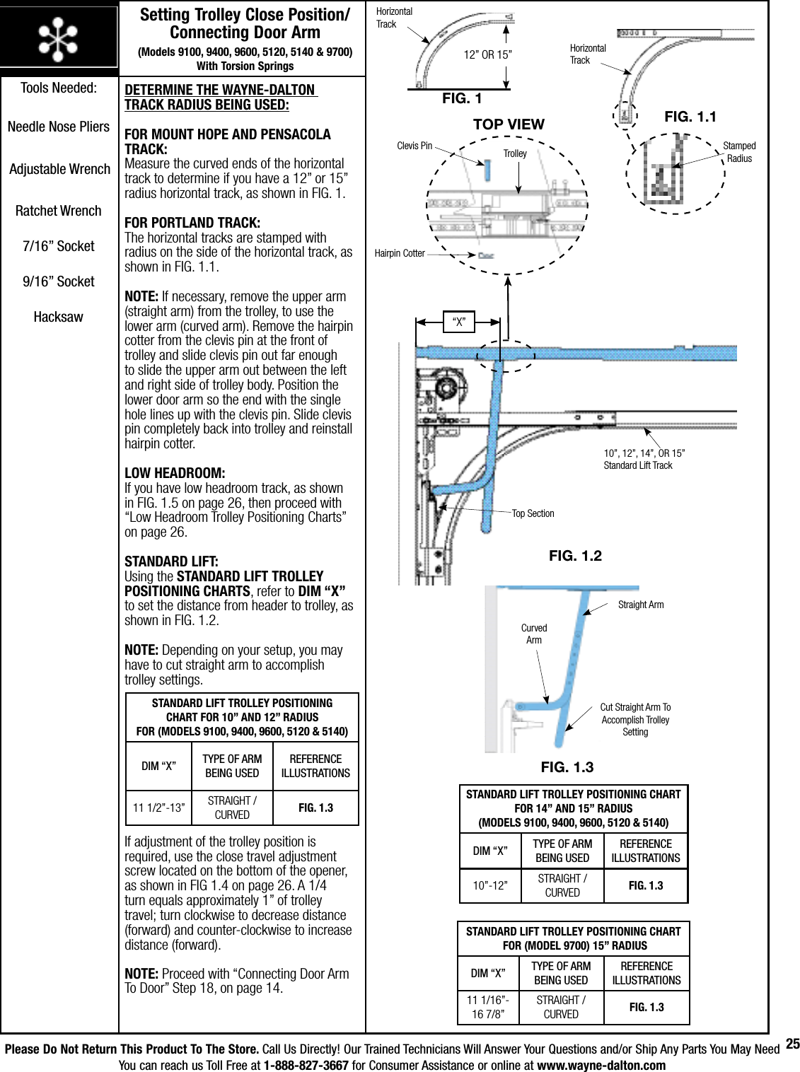 Please Do Not Return This Product To The Store. Call Us Directly! Our Trained Technicians Will Answer Your Questions and/or Ship Any Parts You May NeedYou can reach us Toll Free at 1-888-827-3667 for Consumer Assistance or online at www.wayne-dalton.com25DETERMINE THE WAYNE-DALTON TRACK RADIUS BEING USED:FOR MOUNT HOPE AND PENSACOLA TRACK:Measure the curved ends of the horizontal track to determine if you have a 12” or 15” radius horizontal track, as shown in FIG. 1. FOR PORTLAND TRACK:The horizontal tracks are stamped with radius on the side of the horizontal track, as shown in FIG. 1.1.NOTE: If necessary, remove the upper arm (straight arm) from the trolley, to use the lower arm (curved arm). Remove the hairpin cotter from the clevis pin at the front of trolley and slide clevis pin out far enough to slide the upper arm out between the left and right side of trolley body. Position the lower door arm so the end with the single hole lines up with the clevis pin. Slide clevis pin completely back into trolley and reinstall hairpin cotter.LOW HEADROOM:If you have low headroom track, as shown in FIG. 1.5 on page 26, then proceed with “Low Headroom Trolley Positioning Charts” on page 26.STANDARD LIFT:Using the STANDARD LIFT TROLLEY POSITIONING CHARTS, refer to DIM “X” to set the distance from header to trolley, as shown in FIG. 1.2.NOTE: Depending on your setup, you may have to cut straight arm to accomplish trolley settings. If adjustment of the trolley position is required, use the close travel adjustment screw located on the bottom of the opener, as shown in FIG 1.4 on page 26. A 1/4 turn equals approximately 1” of trolley travel; turn clockwise to decrease distance (forward) and counter-clockwise to increase distance (forward).NOTE: Proceed with “Connecting Door Arm To Door” Step 18, on page 14.Cut Straight Arm To Accomplish Trolley SettingCurved ArmStraight ArmFIG. 1.3STANDARD LIFT TROLLEY POSITIONING CHART FOR 10” AND 12” RADIUS                                     FOR (MODELS 9100, 9400, 9600, 5120 &amp; 5140)DIM “X” TYPE OF ARM BEING USEDREFERENCE ILLUSTRATIONS11 1/2”-13” STRAIGHT / CURVED FIG. 1.3STANDARD LIFT TROLLEY POSITIONING CHART FOR 14” AND 15” RADIUS (MODELS 9100, 9400, 9600, 5120 &amp; 5140)DIM “X” TYPE OF ARMBEING USEDREFERENCE ILLUSTRATIONS10”-12” STRAIGHT / CURVED FIG. 1.3STANDARD LIFT TROLLEY POSITIONING CHART FOR (MODEL 9700) 15” RADIUSDIM “X” TYPE OF ARMBEING USEDREFERENCE ILLUSTRATIONS11 1/16”-16 7/8”STRAIGHT / CURVED FIG. 1.3Setting Trolley Close Position/    Connecting Door Arm                          (Models 9100, 9400, 9600, 5120, 5140 &amp; 9700)    With Torsion SpringsFIG. 1Horizontal  Track12” OR 15”FIG. 1.2Top Section10”, 12”, 14”, OR 15” Standard Lift Track“X”Clevis PinHairpin CotterTrolley Stamped RadiusFIG. 1.1Horizontal  TrackTOP vIEwTools Needed:Needle Nose Pliers                              Adjustable WrenchRatchet Wrench7/16” Socket9/16” SocketHacksaw