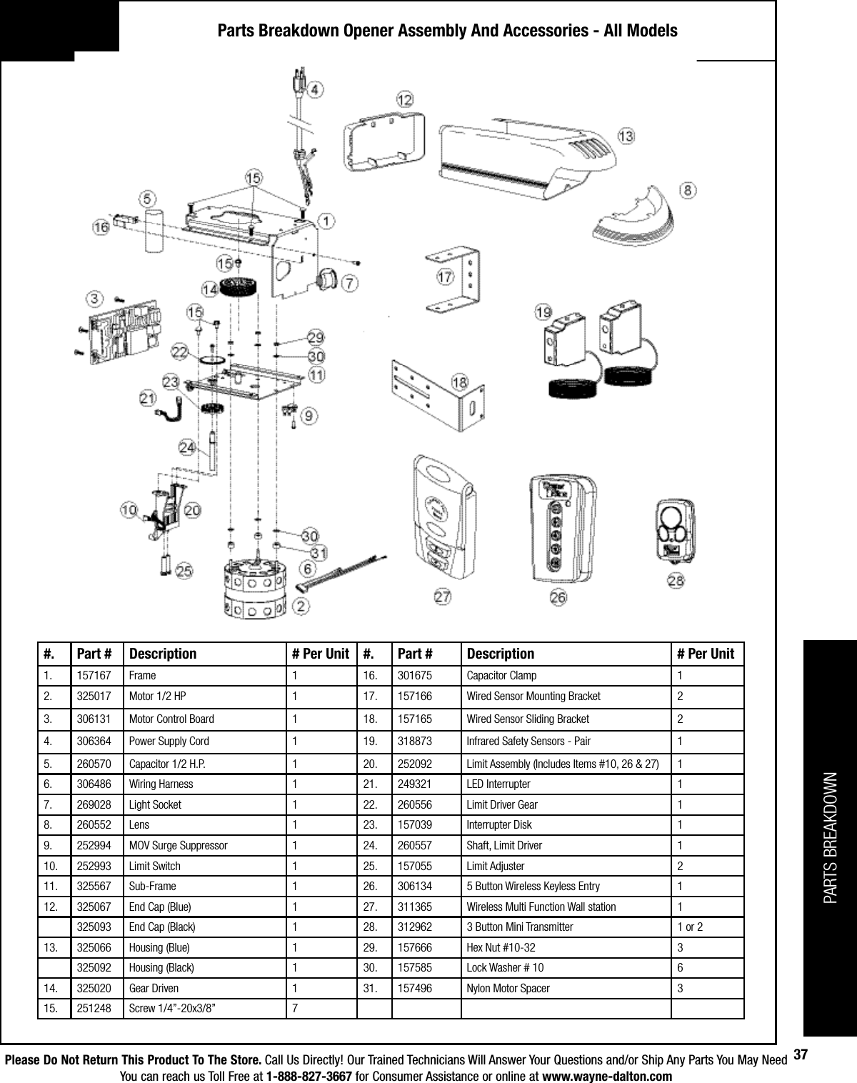 Please Do Not Return This Product To The Store. Call Us Directly! Our Trained Technicians Will Answer Your Questions and/or Ship Any Parts You May NeedYou can reach us Toll Free at 1-888-827-3667 for Consumer Assistance or online at www.wayne-dalton.com37Parts Breakdown Opener Assembly And Accessories - All Models#. Part # Description # Per Unit #. Part # Description # Per Unit1. 157167 Frame 1 16. 301675 Capacitor Clamp 12. 325017 Motor 1/2 HP 1 17. 157166 Wired Sensor Mounting Bracket 23. 306131 Motor Control Board 1 18. 157165 Wired Sensor Sliding Bracket 24. 306364 Power Supply Cord 1 19. 318873 Infrared Safety Sensors - Pair  15. 260570 Capacitor 1/2 H.P. 1 20. 252092 Limit Assembly (Includes Items #10, 26 &amp; 27) 16. 306486 Wiring Harness 1 21. 249321 LED Interrupter 17. 269028 Light Socket 1 22. 260556 Limit Driver Gear 18. 260552 Lens 1 23. 157039 Interrupter Disk 19. 252994 MOV Surge Suppressor 1 24. 260557 Shaft, Limit Driver 110. 252993 Limit Switch 1 25. 157055 Limit Adjuster 211. 325567 Sub-Frame 1 26. 306134 5 Button Wireless Keyless Entry 112. 325067 End Cap (Blue) 1 27. 311365 Wireless Multi Function Wall station 1325093 End Cap (Black) 1 28. 312962 3 Button Mini Transmitter 1 or 213. 325066 Housing (Blue) 1 29. 157666 Hex Nut #10-32 3325092 Housing (Black) 1 30. 157585 Lock Washer # 10 614. 325020 Gear Driven 1 31. 157496 Nylon Motor Spacer 315. 251248 Screw 1/4”-20x3/8” 7PARTS BREAKDOWN