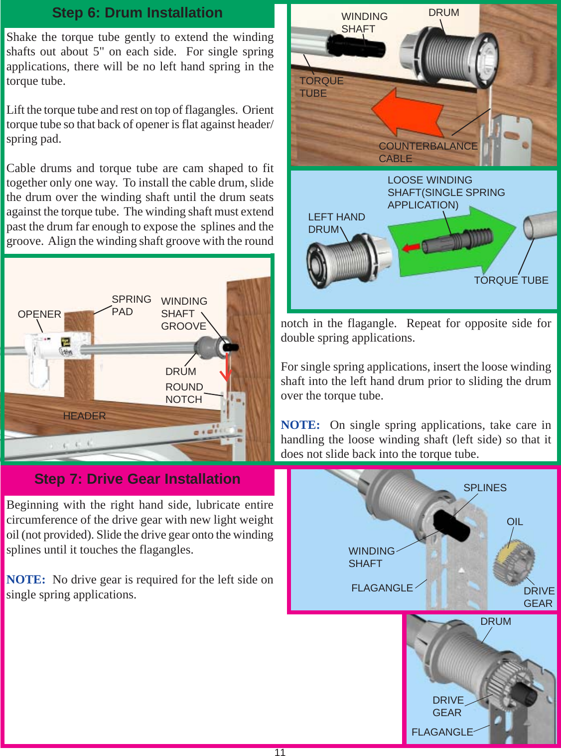 11Shake the torque tube gently to extend the windingshafts out about 5&quot; on each side.  For single springapplications, there will be no left hand spring in thetorque tube.Lift the torque tube and rest on top of flagangles.  Orienttorque tube so that back of opener is flat against header/spring pad.Cable drums and torque tube are cam shaped to fittogether only one way.  To install the cable drum, slidethe drum over the winding shaft until the drum seatsagainst the torque tube.  The winding shaft must extendpast the drum far enough to expose the  splines and thegroove.  Align the winding shaft groove with the roundnotch in the flagangle.  Repeat for opposite side fordouble spring applications.For single spring applications, insert the loose windingshaft into the left hand drum prior to sliding the drumover the torque tube.NOTE:  On single spring applications, take care inhandling the loose winding shaft (left side) so that itdoes not slide back into the torque tube.OPENERSPRINGPADHEADERStep 6: Drum Installation DRUMWINDINGSHAFTTORQUETUBEStep 7: Drive Gear InstallationLEFT HANDDRUMLOOSE WINDINGSHAFT(SINGLE SPRINGAPPLICATION)TORQUE TUBEBeginning with the right hand side, lubricate entirecircumference of the drive gear with new light weightoil (not provided). Slide the drive gear onto the windingsplines until it touches the flagangles.NOTE:  No drive gear is required for the left side onsingle spring applications.DRUMWINDINGSHAFTGROOVEROUNDNOTCHCOUNTERBALANCECABLEOILWINDINGSHAFTFLAGANGLESPLINESDRIVEGEARDRIVEGEARDRUMFLAGANGLE