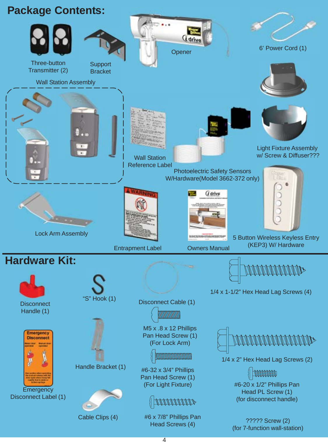 4????? Screw (2)(for 7-function wall-station)6’ Power Cord (1)Three-buttonTransmitter (2)Entrapment LabelWall Station AssemblyDisconnectHandle (1)Handle Bracket (1)“S” Hook (1) Disconnect Cable (1)EmergencyDisconnect Label (1)1/4 x 2” Hex Head Lag Screws (2)#6-20 x 1/2” Phillips PanHead PL Screw (1)(for disconnect handle)#6 x 7/8” Phillips PanHead Screws (4)Cable Clips (4)Lock Arm AssemblyOpenerSupportBracket1/4 x 1-1/2” Hex Head Lag Screws (4)#6-32 x 3/4” PhillipsPan Head Screw (1)(For Light Fixture)M5 x .8 x 12 PhillipsPan Head Screw (1)(For Lock Arm)Package Contents:Hardware Kit:Owners ManualLight Fixture Assembly w/ Screw &amp; Diffuser???Wall StationReference Label Photoelectric Safety SensorsW/Hardware(Model 3662-372 only)5 Button Wireless Keyless Entry(KEP3) W/ Hardware