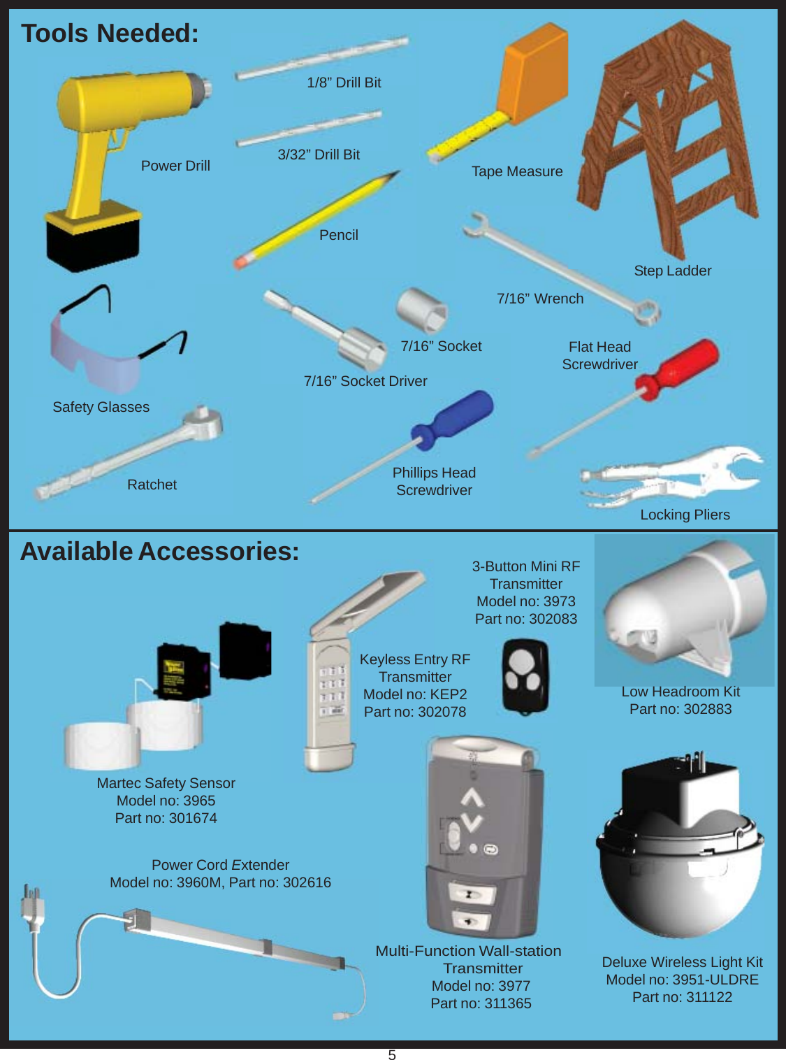 Tools Needed:Deluxe Wireless Light KitModel no: 3951-ULDREPart no: 3111225Martec Safety SensorModel no: 3965Part no: 301674Power DrillSafety GlassesTape MeasureStep Ladder7/16” WrenchPhillips HeadScrewdriver7/16” Socket Driver3/32” Drill Bit7/16” SocketPencilFlat HeadScrewdriver3-Button Mini RFTransmitterModel no: 3973Part no: 302083Keyless Entry RFTransmitterModel no: KEP2Part no: 3020781/8” Drill BitRatchetLocking PliersLow Headroom KitPart no: 302883Power Cord ExtenderModel no: 3960M, Part no: 302616Available Accessories:Multi-Function Wall-station TransmitterModel no: 3977Part no: 311365