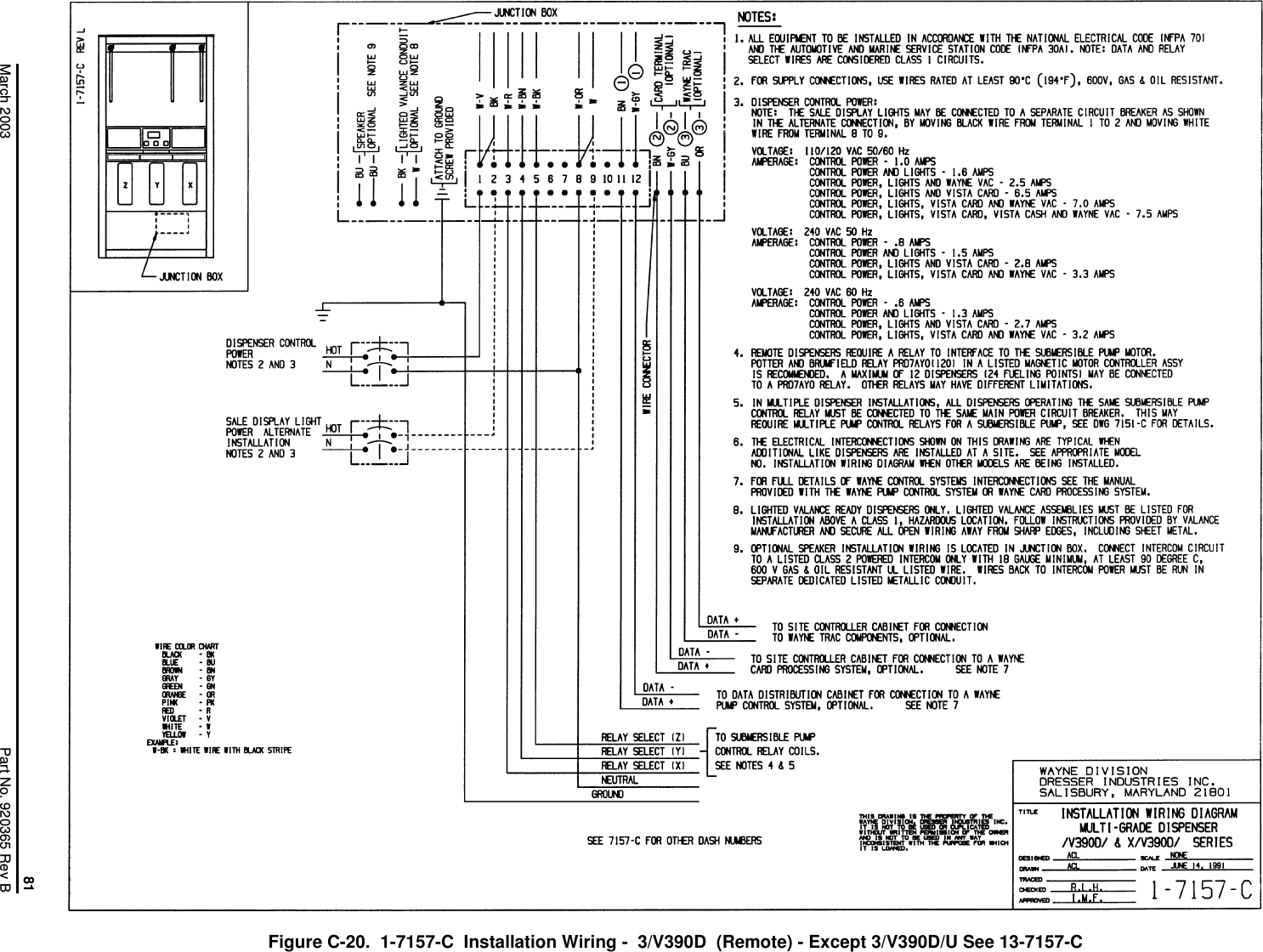 81March 2003 Part No. 920365 Rev BFigure C-20.  1-7157-C  Installation Wiring -  3/V390D  (Remote) - Except 3/V390D/U See 13-7157-C 