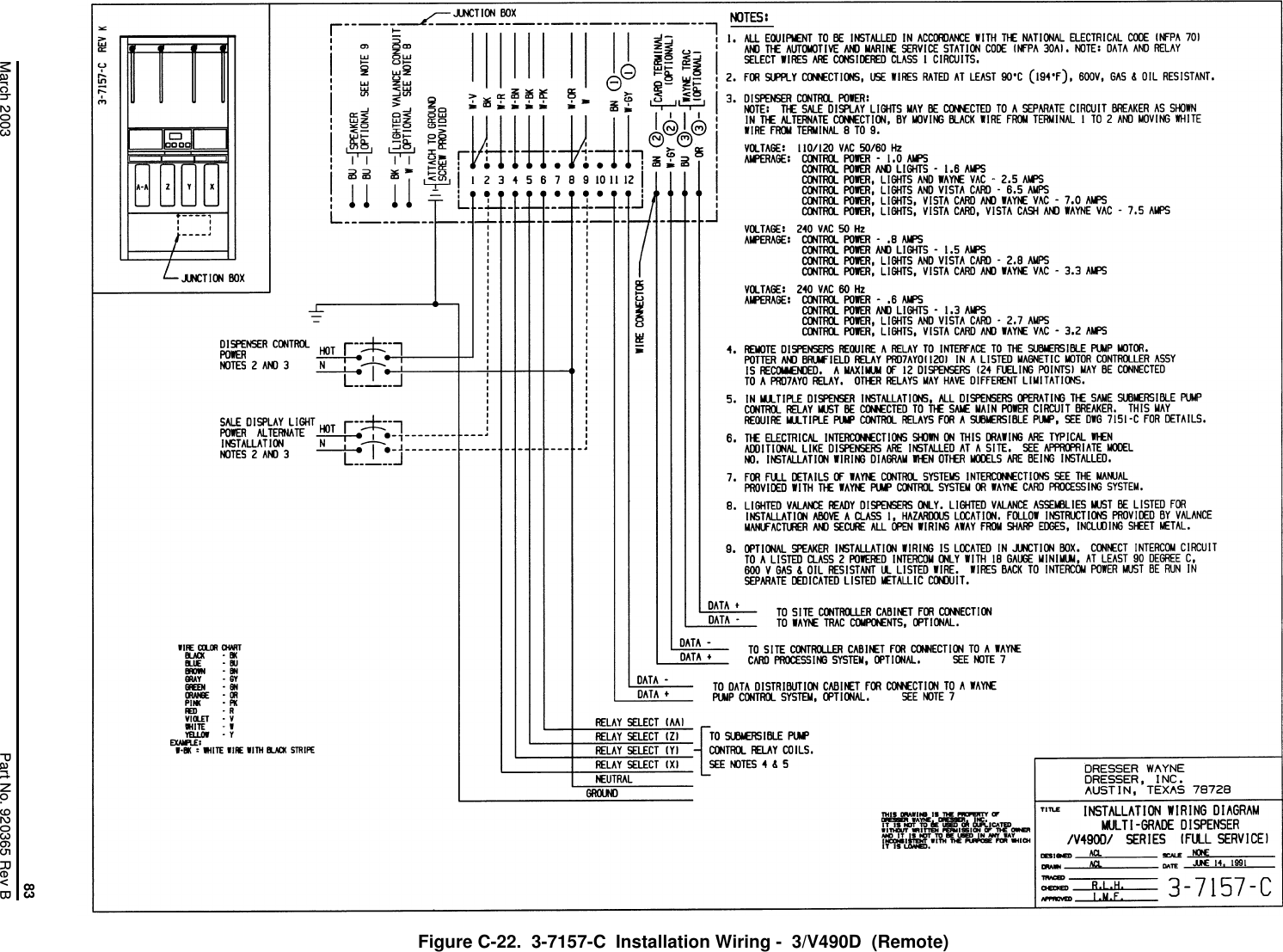 83March 2003 Part No. 920365 Rev B       Figure C-22.  3-7157-C  Installation Wiring -  3/V490D  (Remote)