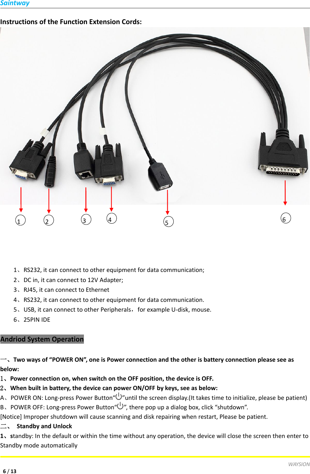 SaintwayWAYSION6/13Instructions of the Function Extension Cords:1、RS232, it can connect to other equipment for data communication;2、DC in, it can connect to 12V Adapter;3、RJ45, it can connect to Ethernet4、RS232, it can connect to other equipment for data communication.5、USB, it can connect to other Peripherals，for example U-disk, mouse.6、25PIN IDEAndriod System Operation一、Two ways of &ldquo;POWER ON&rdquo;, one is Power connection and the other is battery connection please see asbelow:1、Power connection on, when switch on the OFF position, the device is OFF.2、When built in battery, the device can power ON/OFF by keys, see as below:A、POWER ON: Long-press Power Button&ldquo; &rdquo;until the screen display.(It takes time to initialize, please be patient)B、POWER OFF: Long-press Power Button&ldquo; &rdquo;, there pop up a dialog box, click &ldquo;shutdown&rdquo;.[Notice] Improper shutdown will cause scanning and disk repairing when restart, Please be patient.二、 Standby and Unlock1、standby: In the default or within the time without any operation, the device will close the screen then enter toStandby mode automatically123456