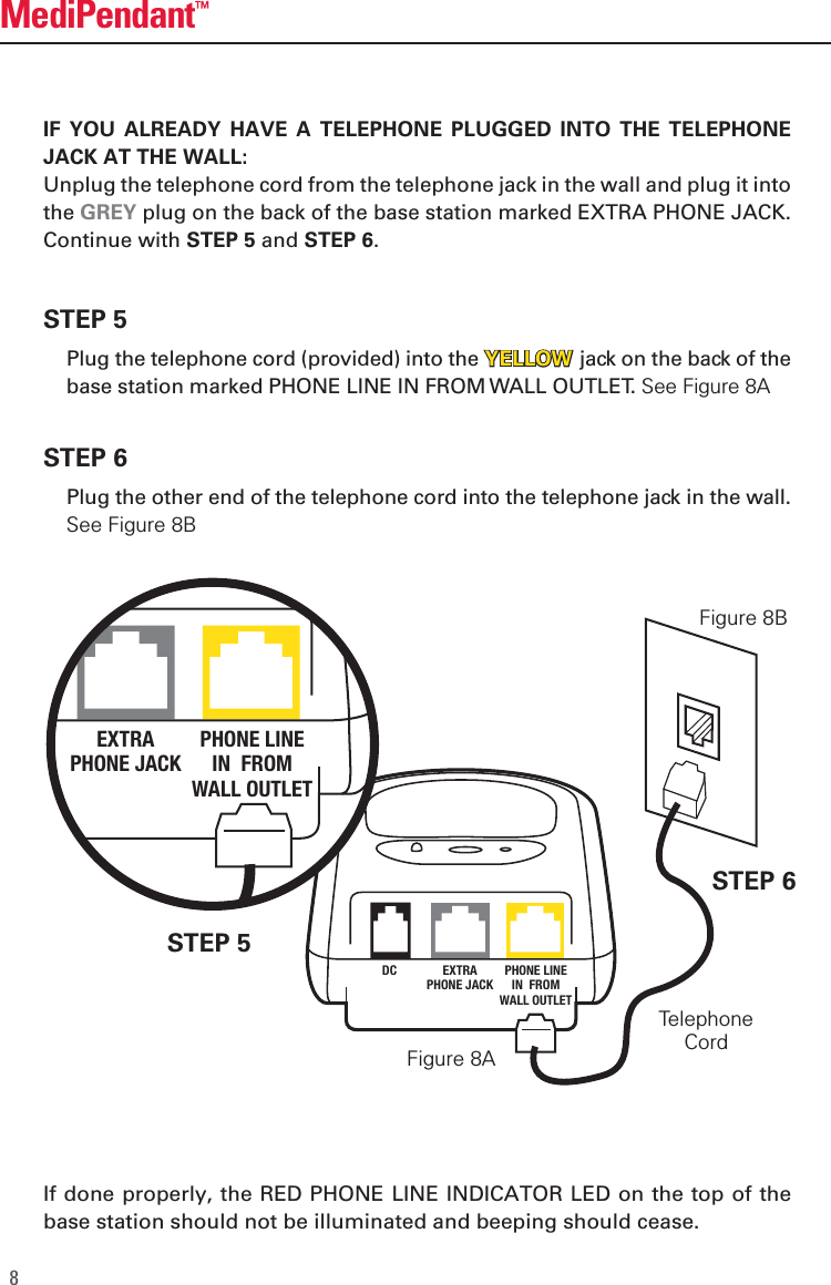 STEP 5  Plug the telephone cord (provided) into the                   jack on the back of the base station marked PHONE LINE IN FROM WALL OUTLET. See Figure 8ASTEP 6 Plug the other end of the telephone cord into the telephone jack in the wall.  See Figure 8B IF  YOU  ALREADY  HAVE  A  TELEPHONE  PLUGGED  INTO  THE  TELEPHONE JACK AT THE WALL:Unplug the telephone cord from the telephone jack in the wall and plug it into the GREY plug on the back of the base station marked EXTRA PHONE JACK. Continue with STEP 5 and STEP 6.If done properly, the RED PHONE LINE INDICATOR LED on the top of the base station should not be illuminated and beeping should cease.8MediPendant&trade;STEP 5STEP 6TelephoneCordDC EXTRAPHONE JACKPHONE LINEIN  FROMWALL OUTLETDC EXTRAPHONE JACKPHONE LINEIN  FROMWALL OUTLETFigure 8AFigure 8BYELLOWYELLOW