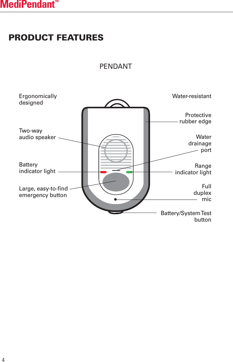 PRODUCT FEATURES PENDANTMediPendant&trade;Large, easy-to-findemergency buttonProtectiverubber edgeWater-resistantTwo-wayaudio speakerBattery/System TestbuttonErgonomicallydesignedRangeindicator lightBatteryindicator lightWaterdrainageportFullduplexmic4