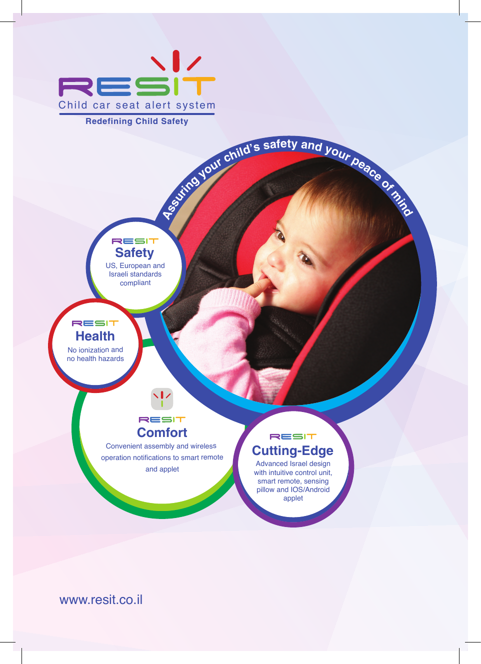 Comfort Convenient assembly and wireless  operation notications to smart remoteand applet US, European and Israeli standardscompliantSafetyChild  car  seat  alert  system       Redefining Child SafetyCutting-EdgeAssuring your child&rsquo;s safety and your peace of mindHealthNo ionization andno health hazardswww.resit.co.il Advanced Israel design with intuitive control unit, smart remote, sensing pillow and IOS/Androidapplet