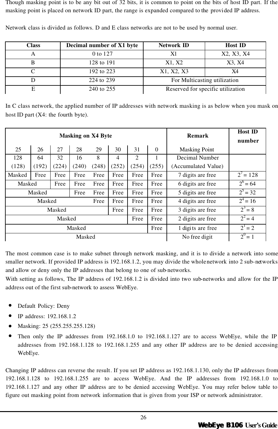   WebEye B106WebEye B106 User’s Guide 26  Though masking point is to be any bit out of 32 bits, it is common to point on the bits of host ID part. If the masking point is placed on network ID part, the range is expanded compared to the  provided IP address.  Network class is divided as follows. D and E class networks are not to be used by normal user.  Class Decimal number of X1 byte Network ID Host ID A 0 to 127 X1 X2, X3, X4 B 128 to 191 X1, X2 X3, X4 C 192 to 223 X1, X2, X3 X4 D 224 to 239  For Multicasting utilization E 240 to 255 Reserved for specific utilization  In C class network, the applied number of IP addresses with network masking is as below when you mask on host ID part (X4: the fourth byte).  Masking on X4 Byte Remark Host  ID number 25  26  27  28  29  30  31  0  Masking Point    128 (128) 64 (192) 32 (224) 16 (240) 8 (248) 4 (252) 2 (254) 1 (255) Decimal Number (Accumulated Value)  Masked Free Free Free Free Free Free Free 7 digits are free  27 = 128 Masked Free Free Free Free Free Free 6 digits are free  26 = 64 Masked Free Free Free Free Free 5 digits are free  25 = 32 Masked Free Free Free Free 4 digits are free  24 = 16 Masked Free Free Free 3 digits are free  23 = 8 Masked Free Free 2 digits are free  22 = 4 Masked Free 1 digi ts are free  21 = 2 Masked No free digit  20 = 1  The most common case is to make subnet through network masking, and it is to divide a network into some smaller network. If provided IP address is 192.168.1.2, you may divide the whole network into 2 sub-networks and allow or deny only the IP addresses that belong to one of sub-networks.   With setting as follows, The IP address of 192.168.1.2 is divided into two sub-networks and allow for the IP address out of the first sub-network to assess WebEye.  • Default Policy: Deny • IP address: 192.168.1.2 • Masking: 25 (255.255.255.128) • Then only the IP addresses from 192.168.1.0 to 192.168.1.127 are to access WebEye, while the IP addresses from 192.168.1.128 to 192.168.1.255 and any other IP address are to be denied accessing WebEye.    Changing IP address can reverse the result. If you set IP address as 192.168.1.130, only the IP addresses from 192.168.1.128 to 192.168.1.255 are to access WebEye. And the IP addresses from 192.168.1.0 to 192.168.1.127 and any other IP address are to be denied accessing WebEye. You may refer below table to figure out masking point from network information that is given from your ISP or network administrator. 