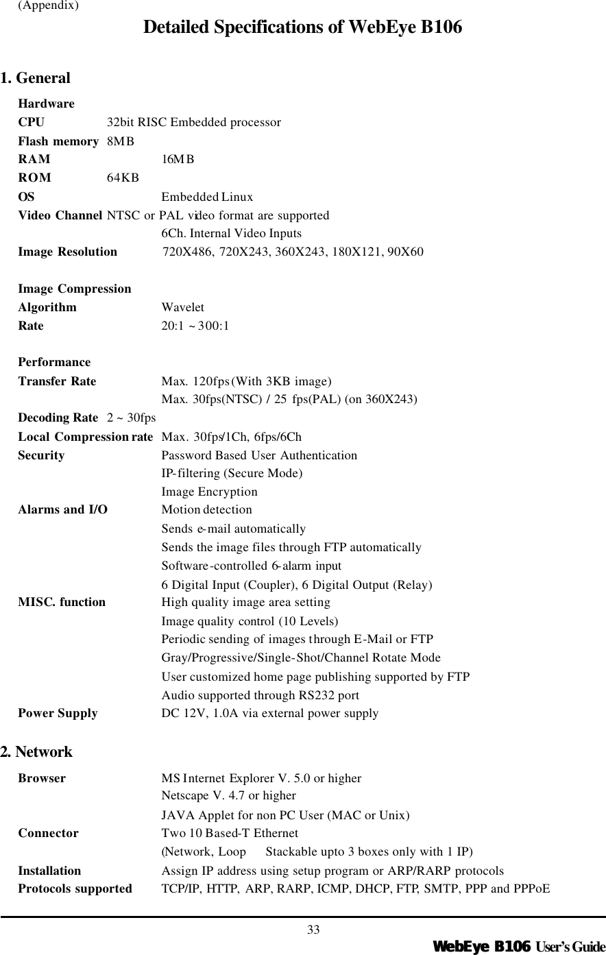   WebEye B106WebEye B106 User’s Guide 33 (Appendix) Detailed Specifications of WebEye B106  1. General   Hardware      CPU     32bit RISC Embedded processor   Flash memory 8MB RAM      16M B   ROM   64KB OS         Embedded Linux Video Channel NTSC or PAL video format are supported       6Ch. Internal Video Inputs   Image Resolution 720X486, 720X243, 360X243, 180X121, 90X60  Image Compression   Algorithm    Wavelet   Rate       20:1 ~ 300:1  Performance Transfer Rate     Max. 120fps (With 3KB image)       Max. 30fps(NTSC) / 25  fps(PAL) (on 360X243)  Decoding Rate   2 ~ 30fps   Local Compression rate  Max. 30fps/1Ch, 6fps/6Ch Security  Password Based User Authentication       IP-filtering (Secure Mode)       Image Encryption Alarms and I/O Motion detection         Sends e-mail automatically       Sends the image files through FTP automatically       Software-controlled 6-alarm input        6 Digital Input (Coupler), 6 Digital Output (Relay) MISC. function  High quality image area setting       Image quality control (10 Levels)       Periodic sending of  images through E-Mail or FTP       Gray/Progressive/Single-Shot/Channel Rotate Mode       User customized home page publishing supported by FTP       Audio supported through RS232 port Power Supply    DC 12V, 1.0A via external power supply  2. Network Browser      MS Internet Explorer V. 5.0 or higher         Netscape V. 4.7 or higher         JAVA Applet for non PC User (MAC or Unix) Connector    Two 10 Based-T Ethernet   (Network, Loop  Stackable upto 3 boxes only with 1 IP) Installation     Assign IP address using setup program or ARP/RARP protocols Protocols supported    TCP/IP, HTTP,  ARP, RARP, ICMP, DHCP, FTP, SMTP, PPP and PPPoE 