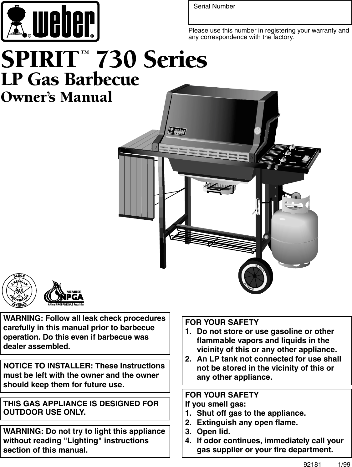 Weber 730 Series Owners Manual Spirit LP Guide 92181 01/1998 PDF File