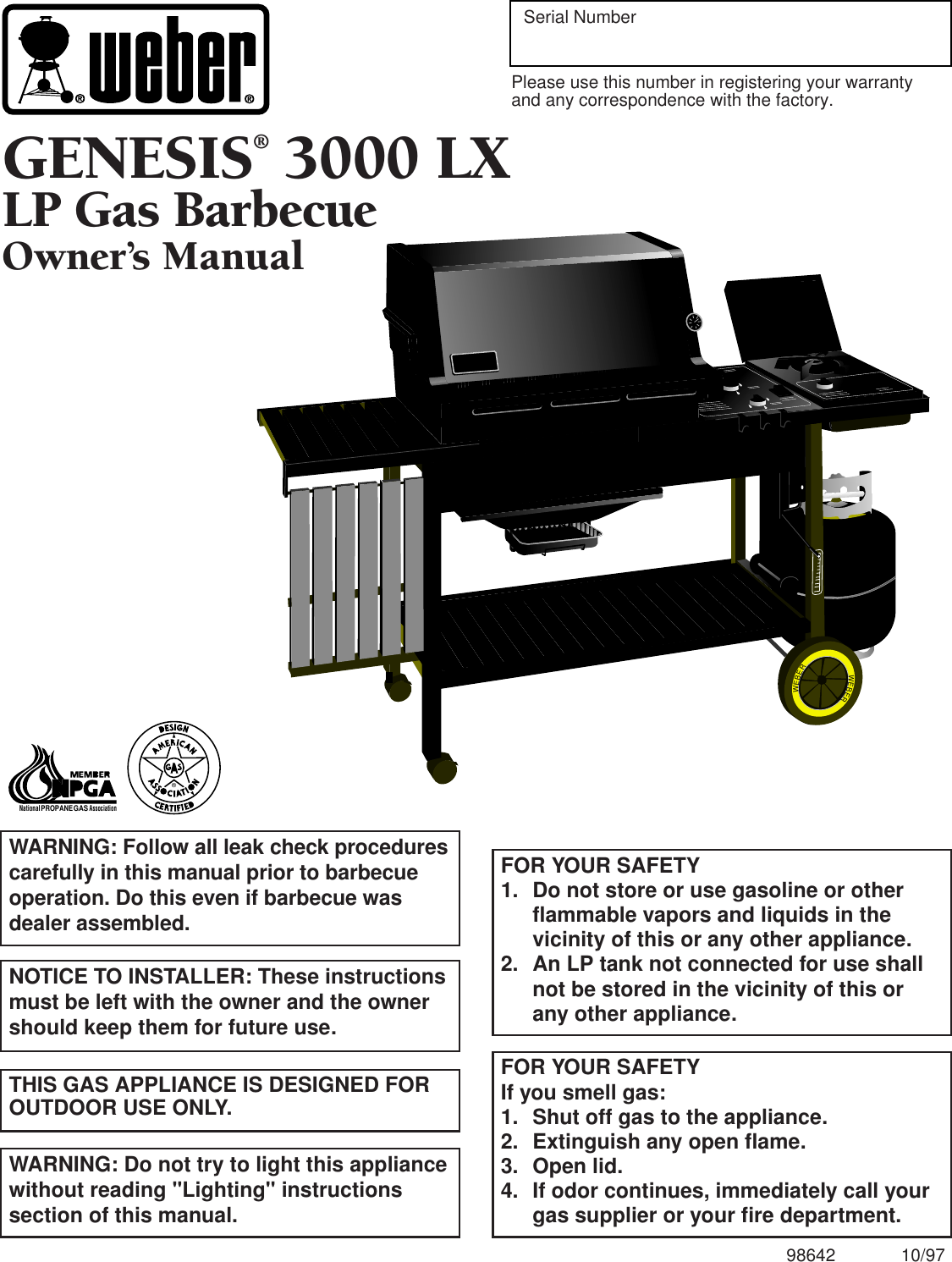 Weber Genesis 3000 Lx Users Manual LP Owners Guide 98642 10/1997 PDF File