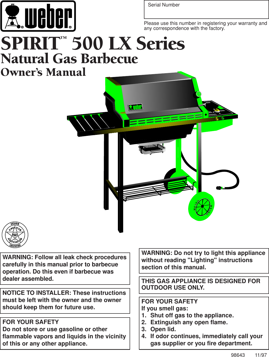 Weber Spirit 500 Lx Users Manual NG Owners Guide 98643 11/1997 PDF File