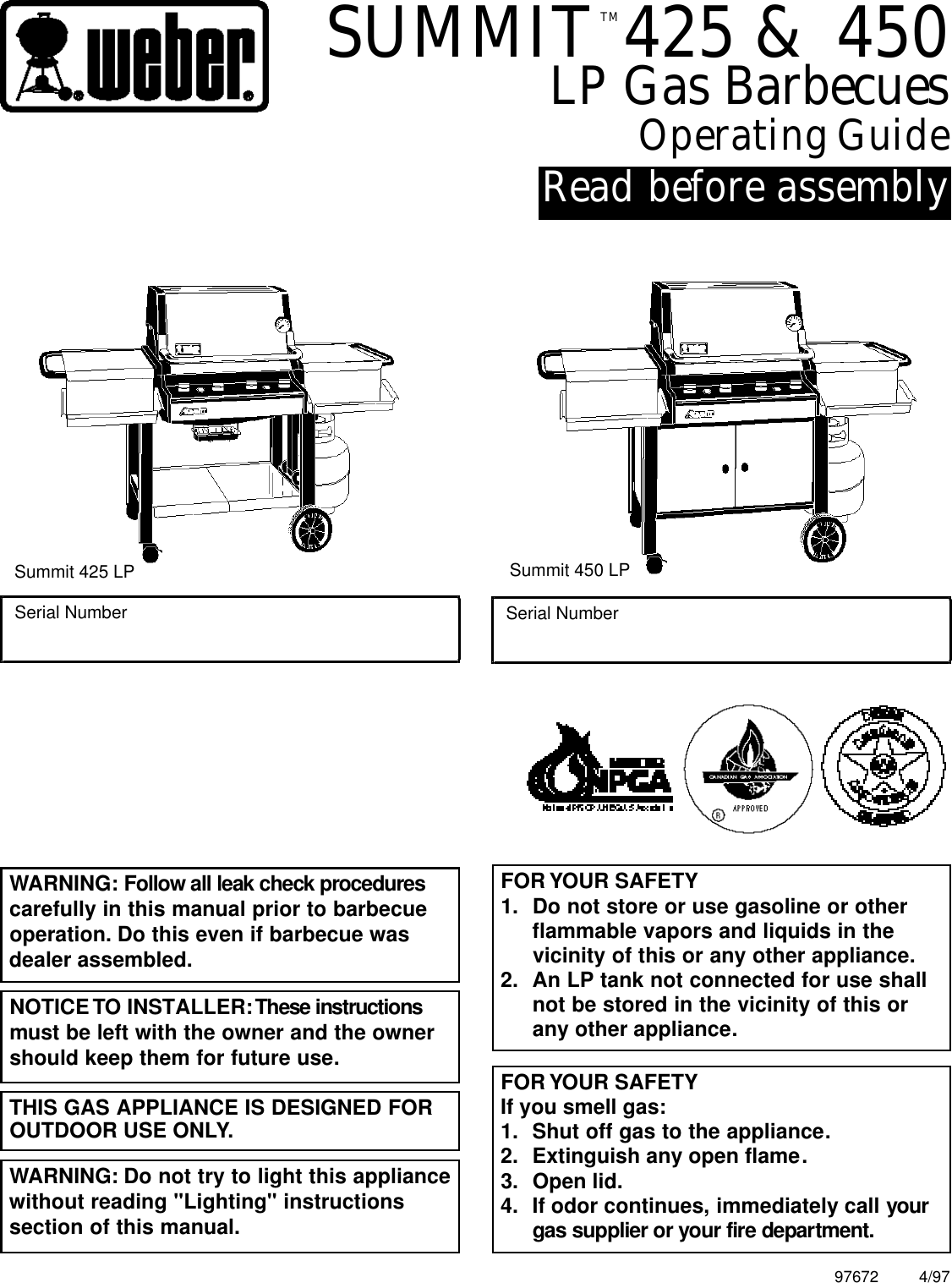 Weber Summit 450 Operating Manual 425 And LP Guide 97672 04/1997 PDF File