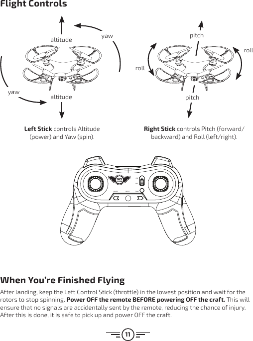 11When You’re Finished Flying After landing, keep the Left Control Stick (throttle) in the lowest position and wait for the rotors to stop spinning. Power OFF the remote BEFORE powering OFF the craft. This will ensure that no signals are accidentally sent by the remote, reducing the chance of injury. After this is done, it is safe to pick up and power OFF the craft.altitude pitchaltitude pitchrollrollyawyawLIGHTS RESET TRIMONOFFRight Stick controls Pitch (forward/backward) and Roll (left/right).Left Stick controls Altitude (power) and Yaw (spin).Flight Controls