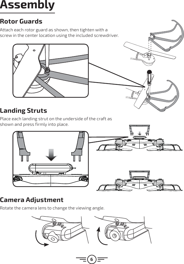 6Camera AdjustmentRotate the camera lens to change the viewing angle.AssemblyLanding StrutsPlace each landing strut on the underside of the craft as shown and press firmly into place.Rotor GuardsAttach each rotor guard as shown, then tighten with a screw in the center location using the included screwdriver.