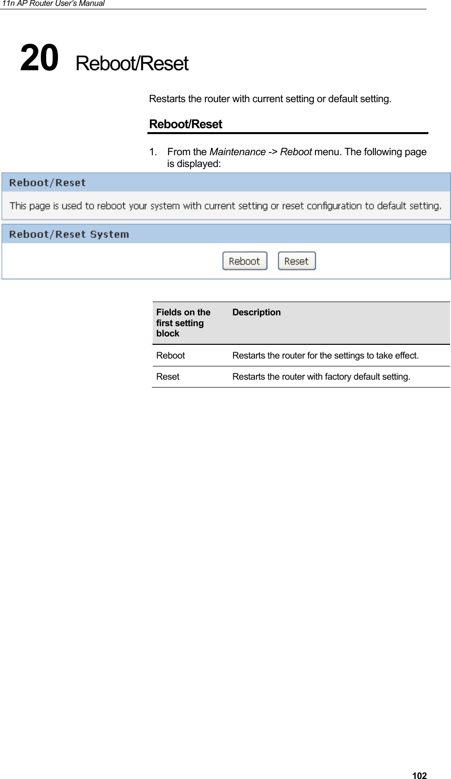 11n AP Router User&rsquo;s Manual     10220  Reboot/Reset Restarts the router with current setting or default setting. Reboot/Reset 1. From the Maintenance -> Reboot menu. The following page is displayed:                                Fields on the first setting block Description Reboot  Restarts the router for the settings to take effect. Reset Restarts the router with factory default setting. 