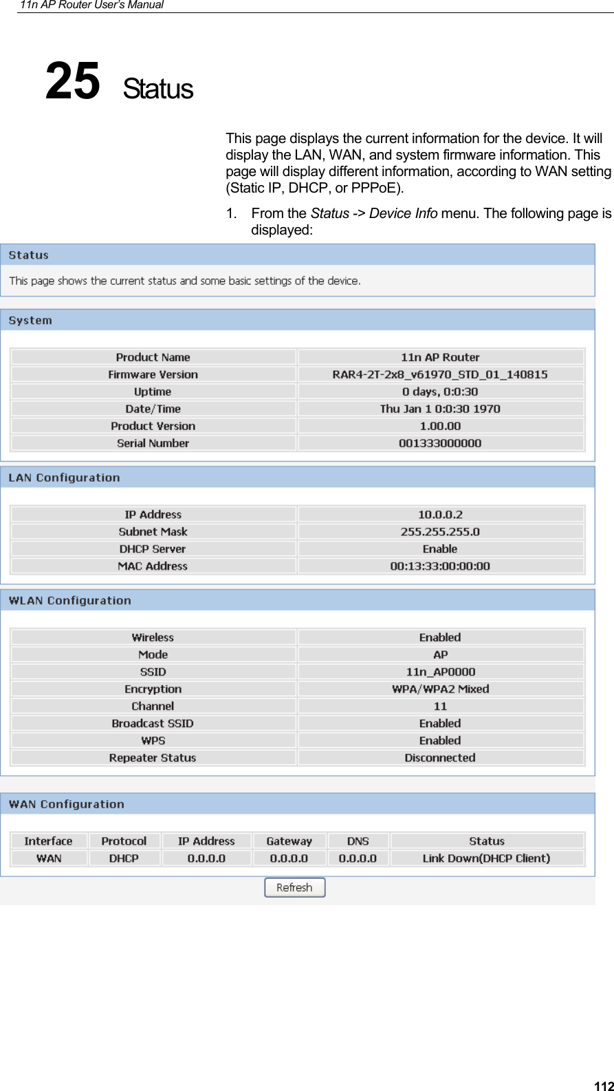 11n AP Router User&rsquo;s Manual     11225  Status This page displays the current information for the device. It will display the LAN, WAN, and system firmware information. This page will display different information, according to WAN setting (Static IP, DHCP, or PPPoE). 1. From the Status -> Device Info menu. The following page is displayed:    